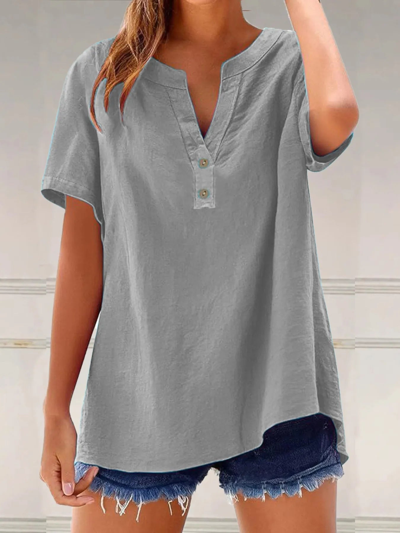 Full Size Notched Short Sleeve Blouse Plus Size - Lookzlike