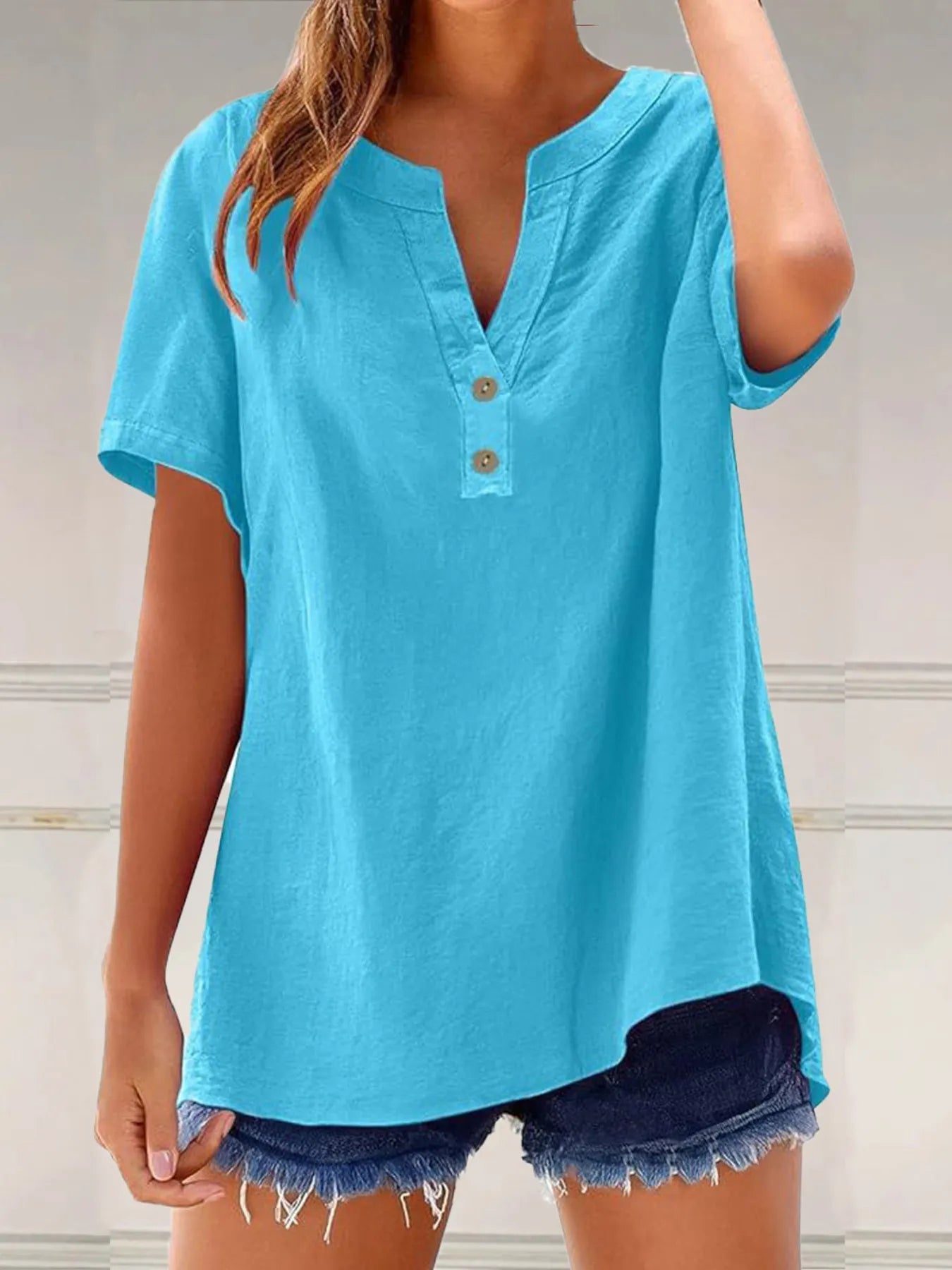 Full Size Notched Short Sleeve Blouse Plus Size - Lookzlike