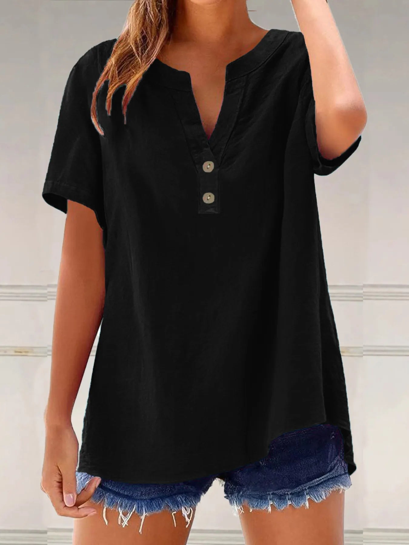 Full Size Notched Short Sleeve Blouse Plus Size - Lookzlike