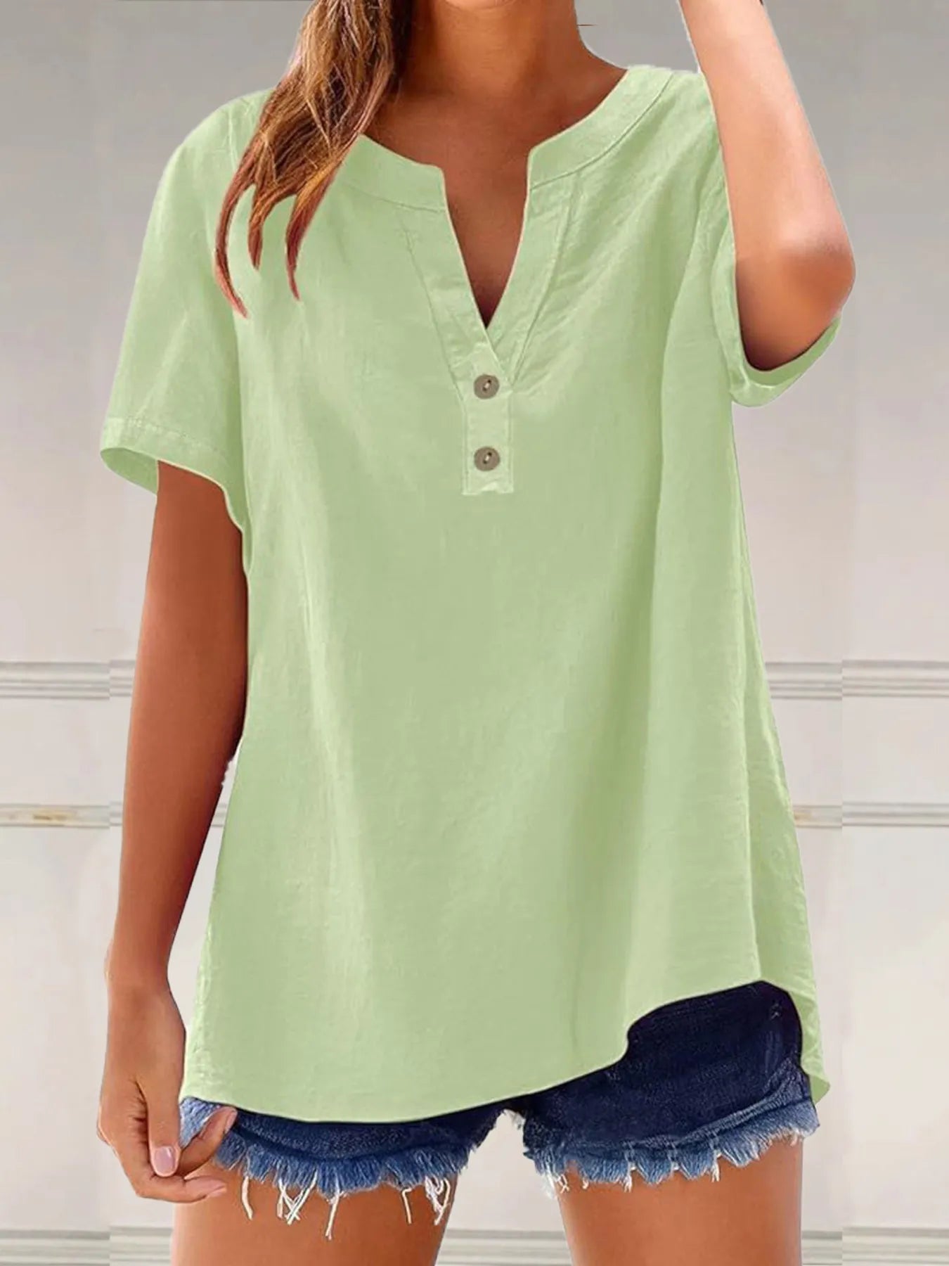 Full Size Notched Short Sleeve Blouse Plus Size - Lookzlike