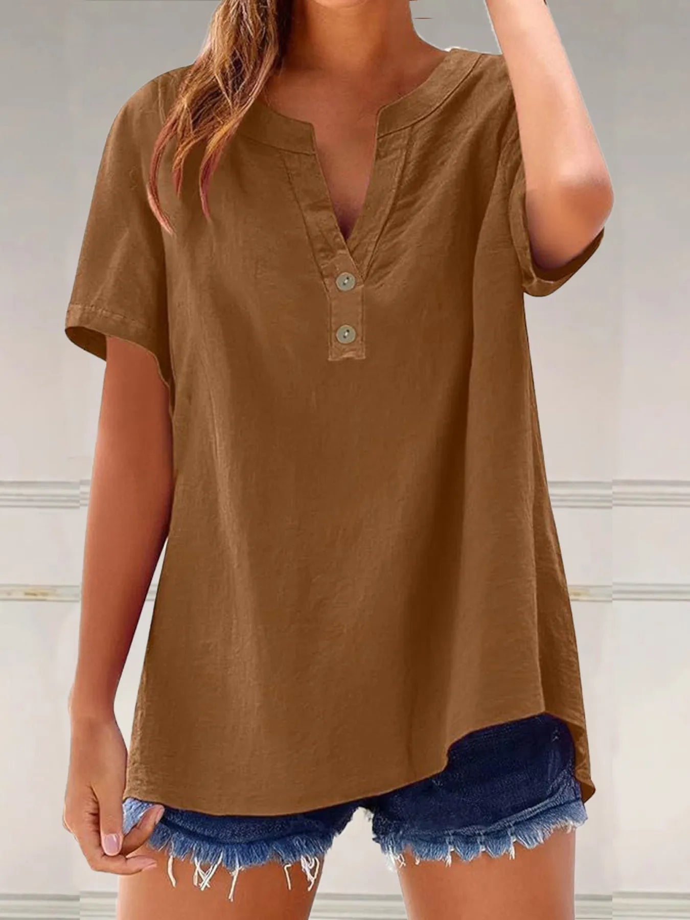 Full Size Notched Short Sleeve Blouse Plus Size - Lookzlike