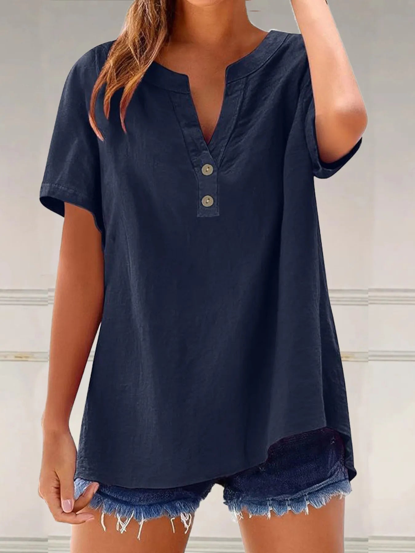 Full Size Notched Short Sleeve Blouse Plus Size - Lookzlike