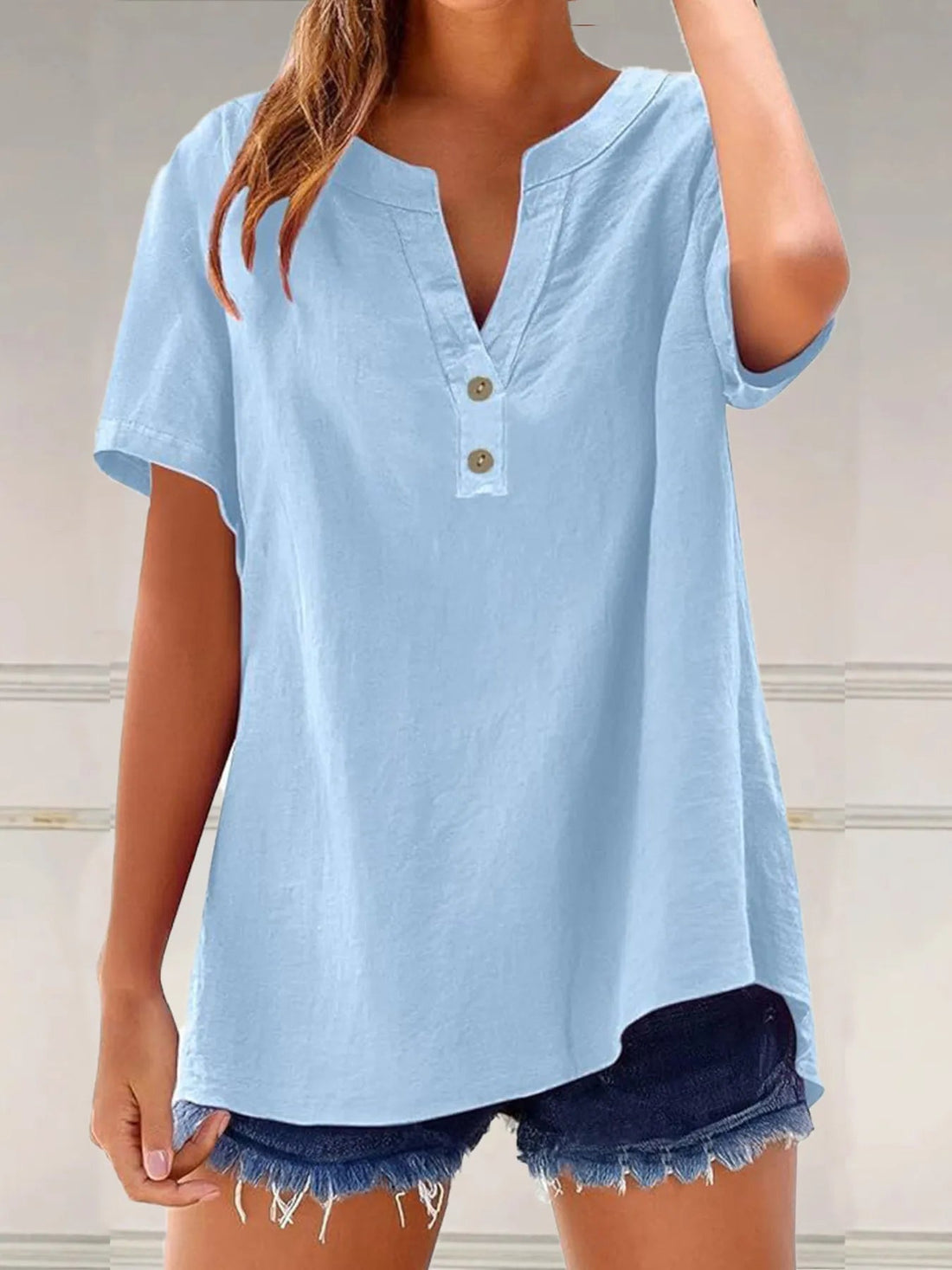 Full Size Notched Short Sleeve Blouse Plus Size - Lookzlike