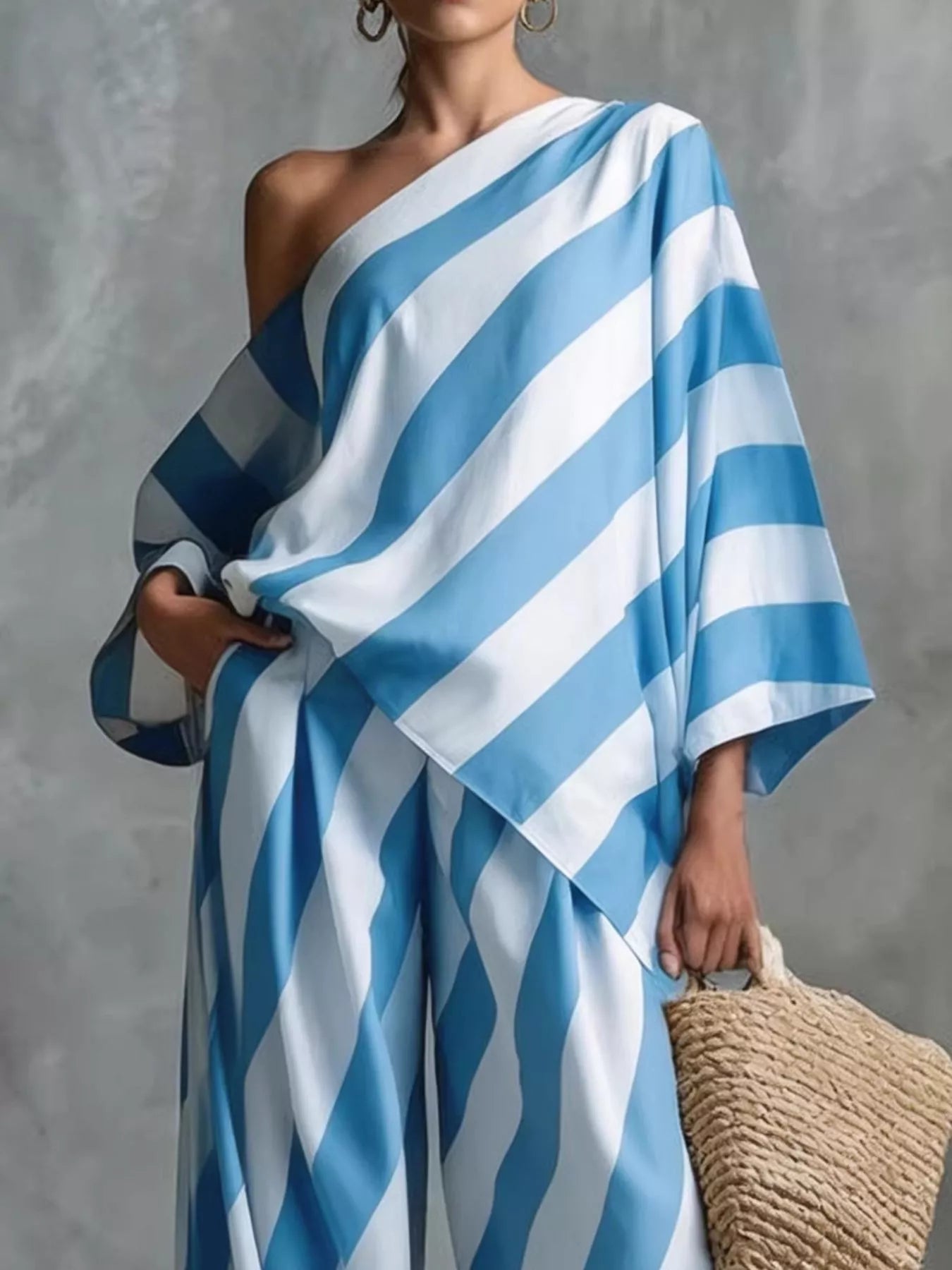 Full Size One-Shoulder Striped Top and Wide-Leg Pants Set Plus Size designed for comfort and style at Lookzlike