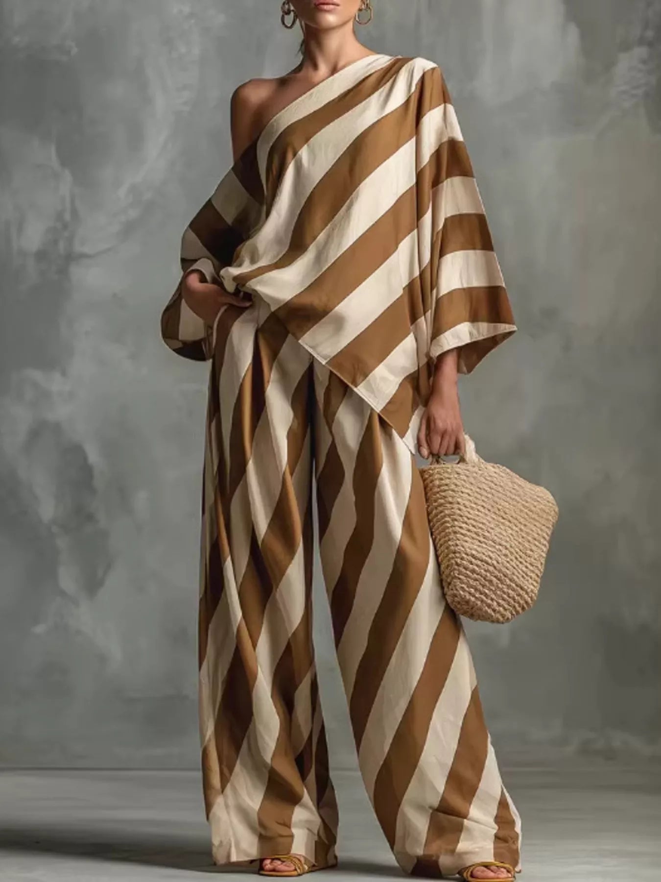 Full Size One-Shoulder Striped Top and Wide-Leg Pants Set Plus Size designed for comfort and style at Lookzlike