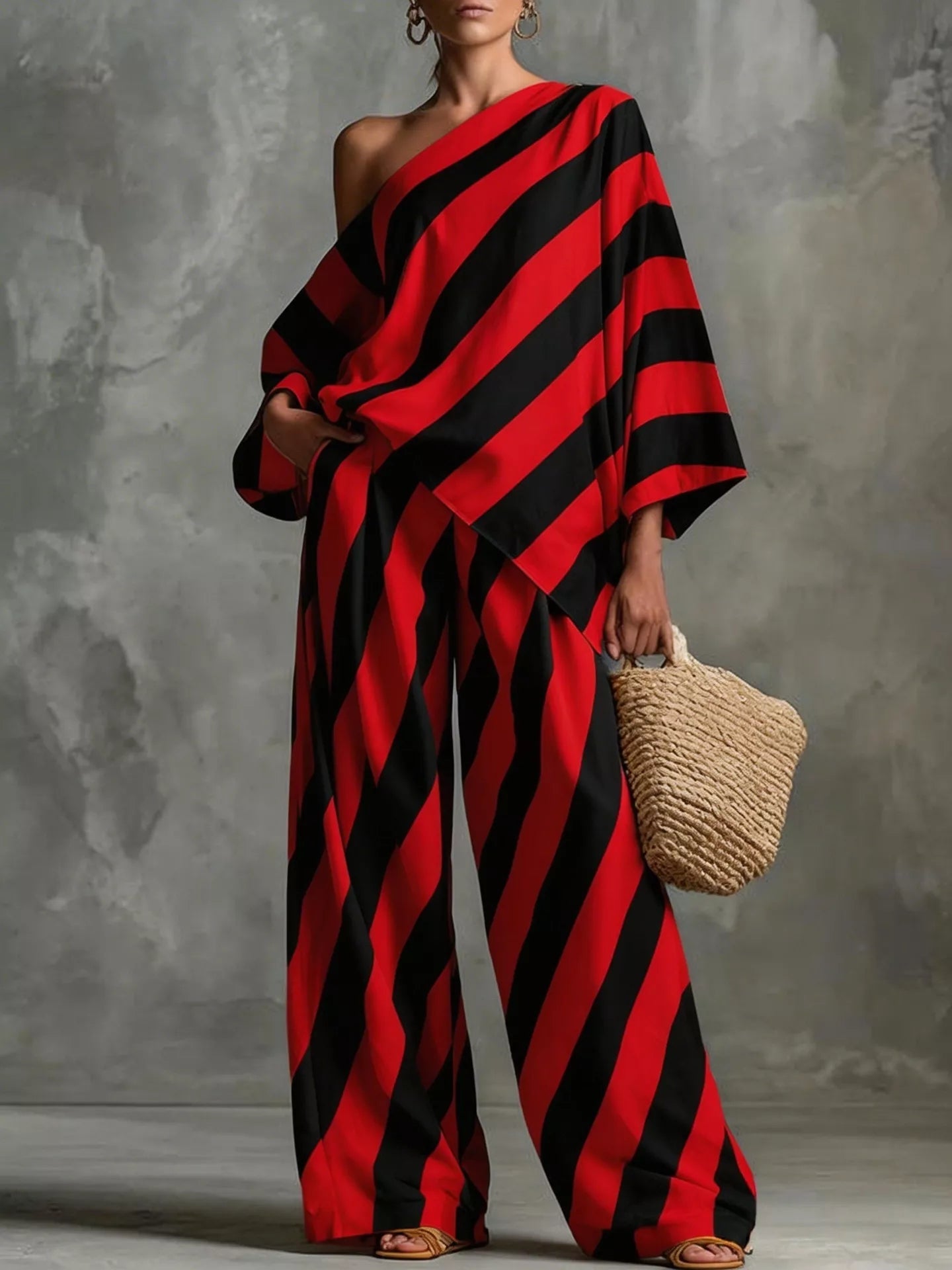 Full Size One-Shoulder Striped Top and Wide-Leg Pants Set Plus Size designed for comfort and style at Lookzlike