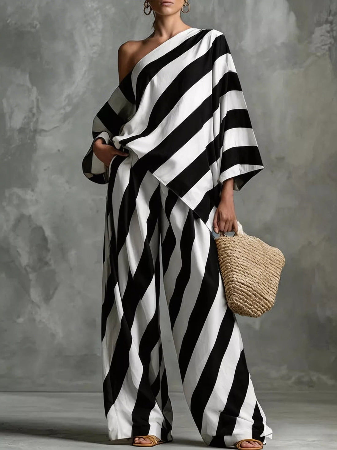 Full Size One-Shoulder Striped Top and Wide-Leg Pants Set Plus Size designed for comfort and style at Lookzlike