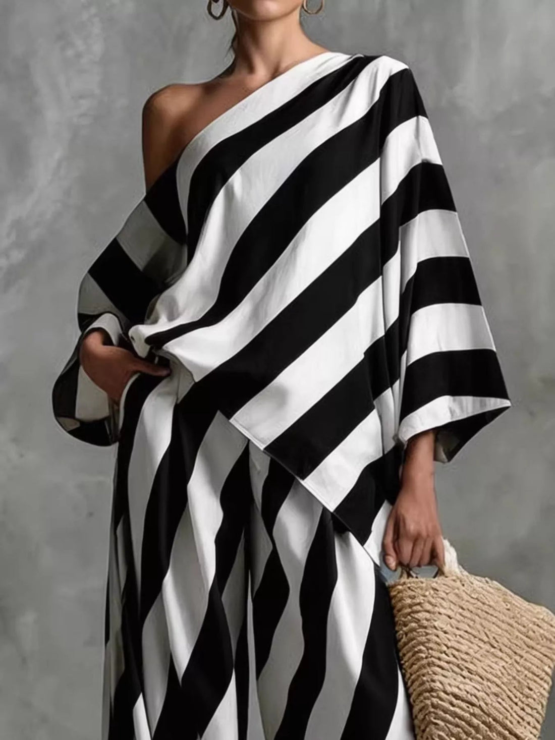 Full Size One-Shoulder Striped Top and Wide-Leg Pants Set Plus Size designed for comfort and style at Lookzlike