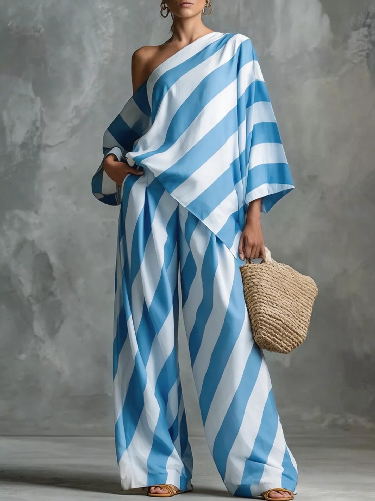 Full Size One-Shoulder Striped Top and Wide-Leg Pants Set Plus Size designed for comfort and style at Lookzlike