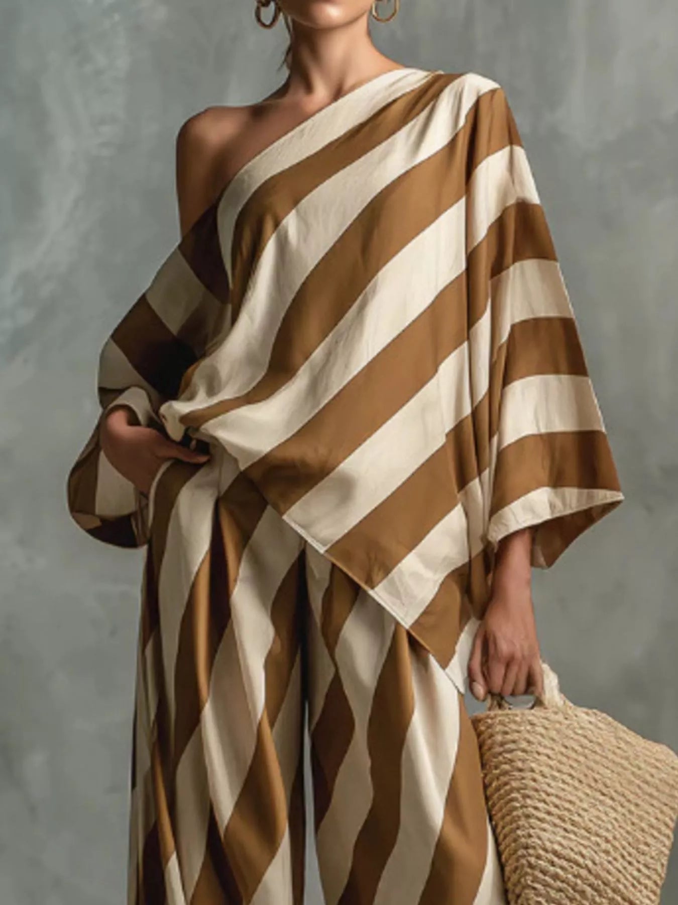 Full Size One-Shoulder Striped Top and Wide-Leg Pants Set Plus Size designed for comfort and style at Lookzlike