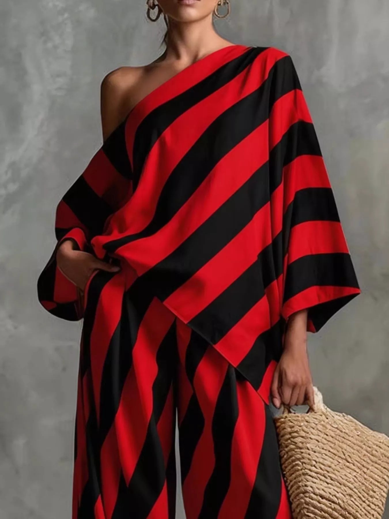 Full Size One-Shoulder Striped Top and Wide-Leg Pants Set Plus Size designed for comfort and style at Lookzlike