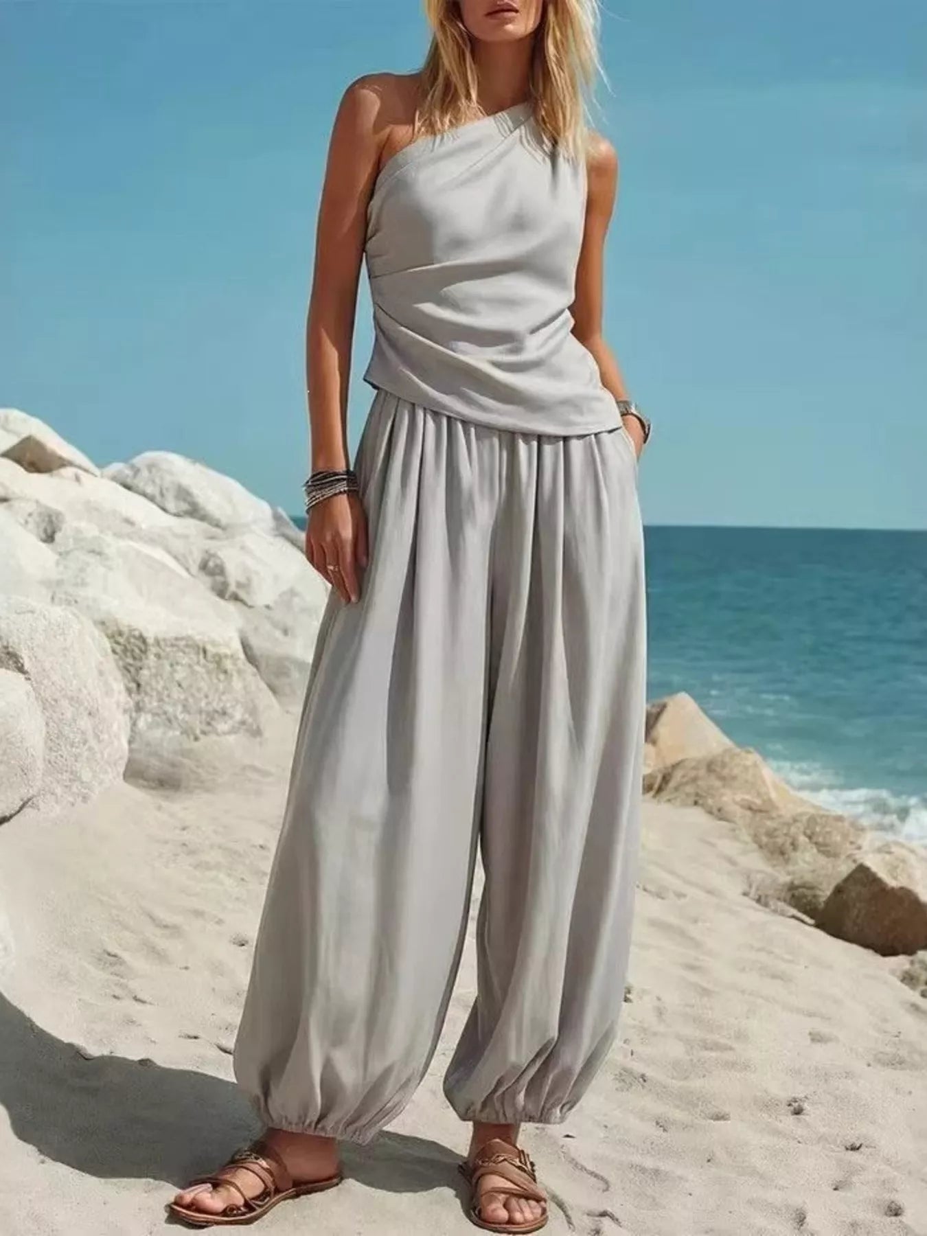 Full Size One-Shoulder Top and Wide-Leg Pants Set Plus Size designed for comfort and style at Lookzlike