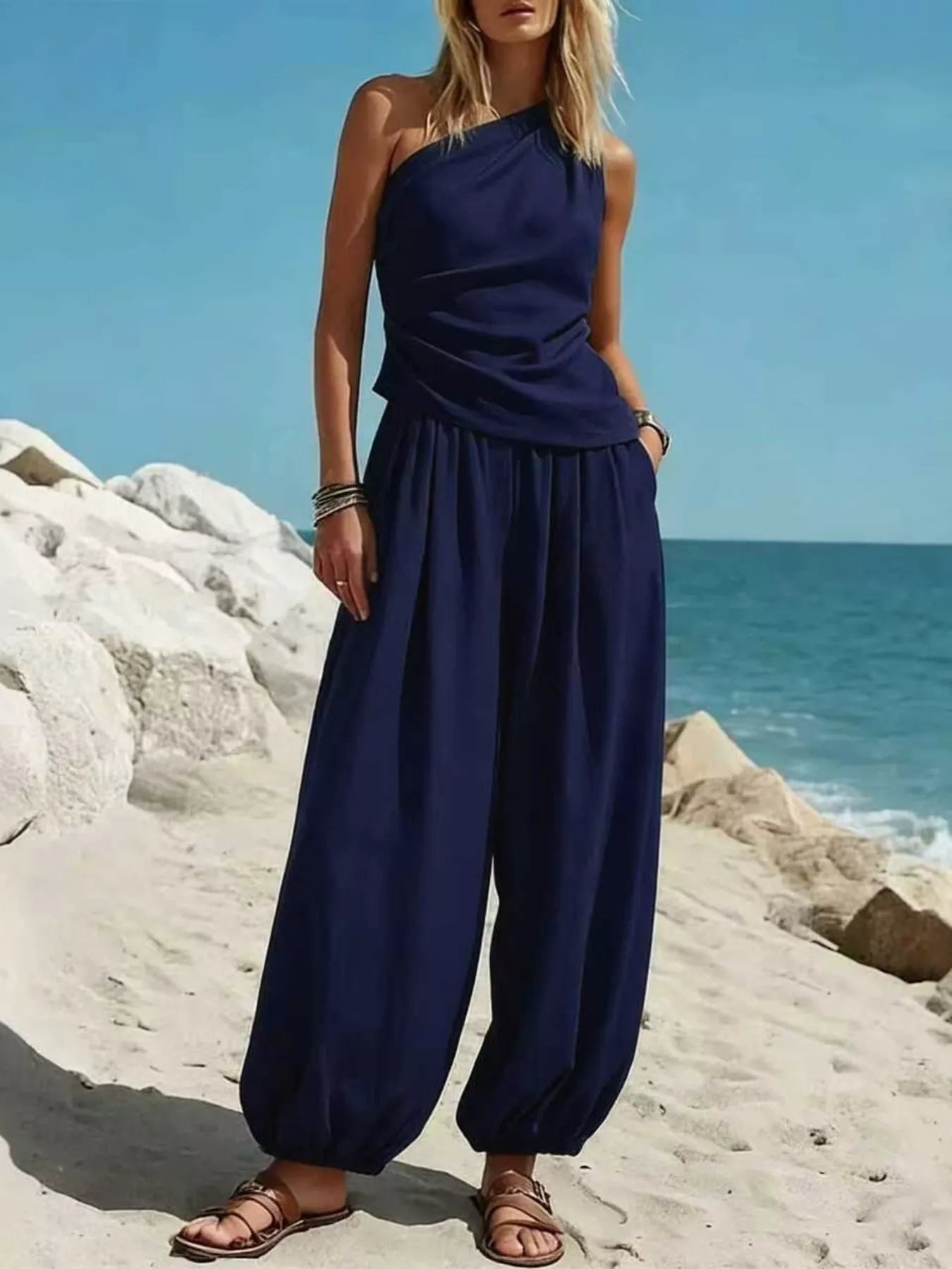 Full Size One-Shoulder Top and Wide-Leg Pants Set Plus Size designed for comfort and style at Lookzlike