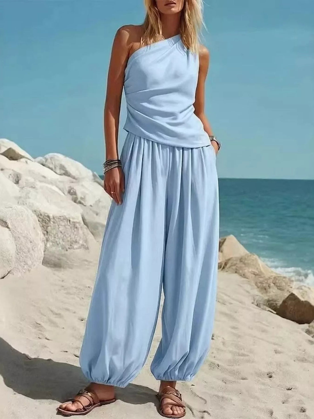 Full Size One-Shoulder Top and Wide-Leg Pants Set Plus Size designed for comfort and style at Lookzlike