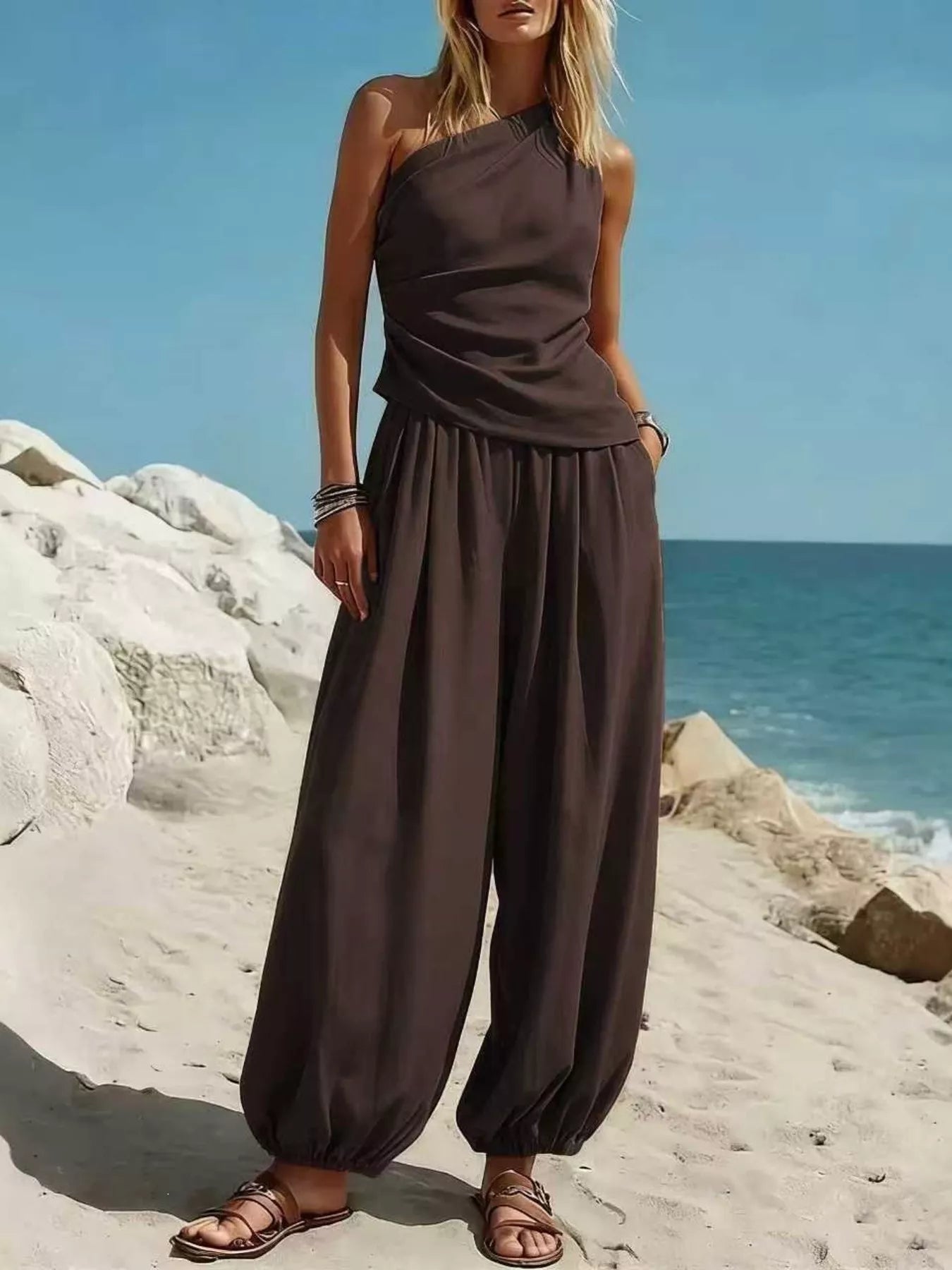 Full Size One-Shoulder Top and Wide-Leg Pants Set Plus Size designed for comfort and style at Lookzlike