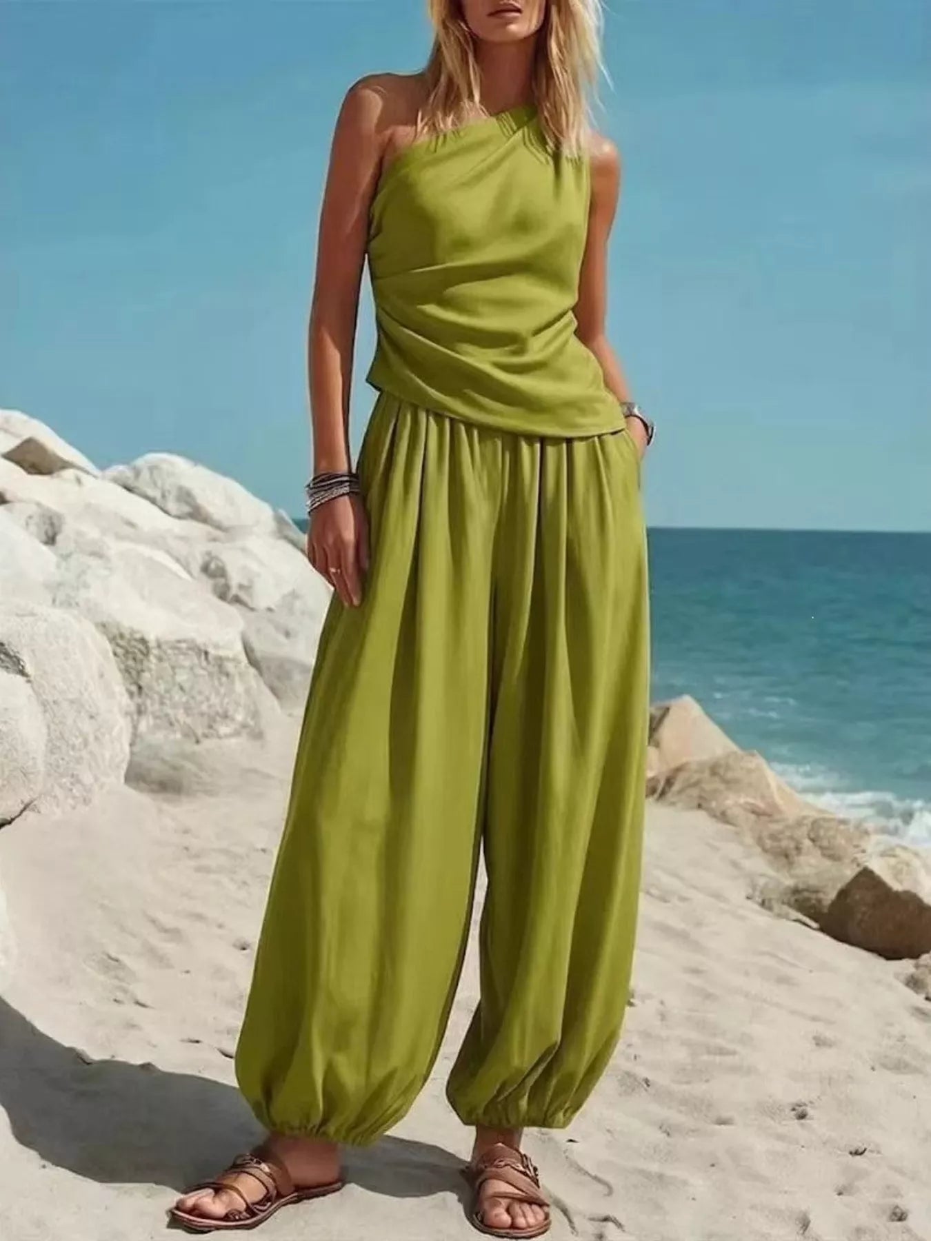 Full Size One-Shoulder Top and Wide-Leg Pants Set Plus Size designed for comfort and style at Lookzlike