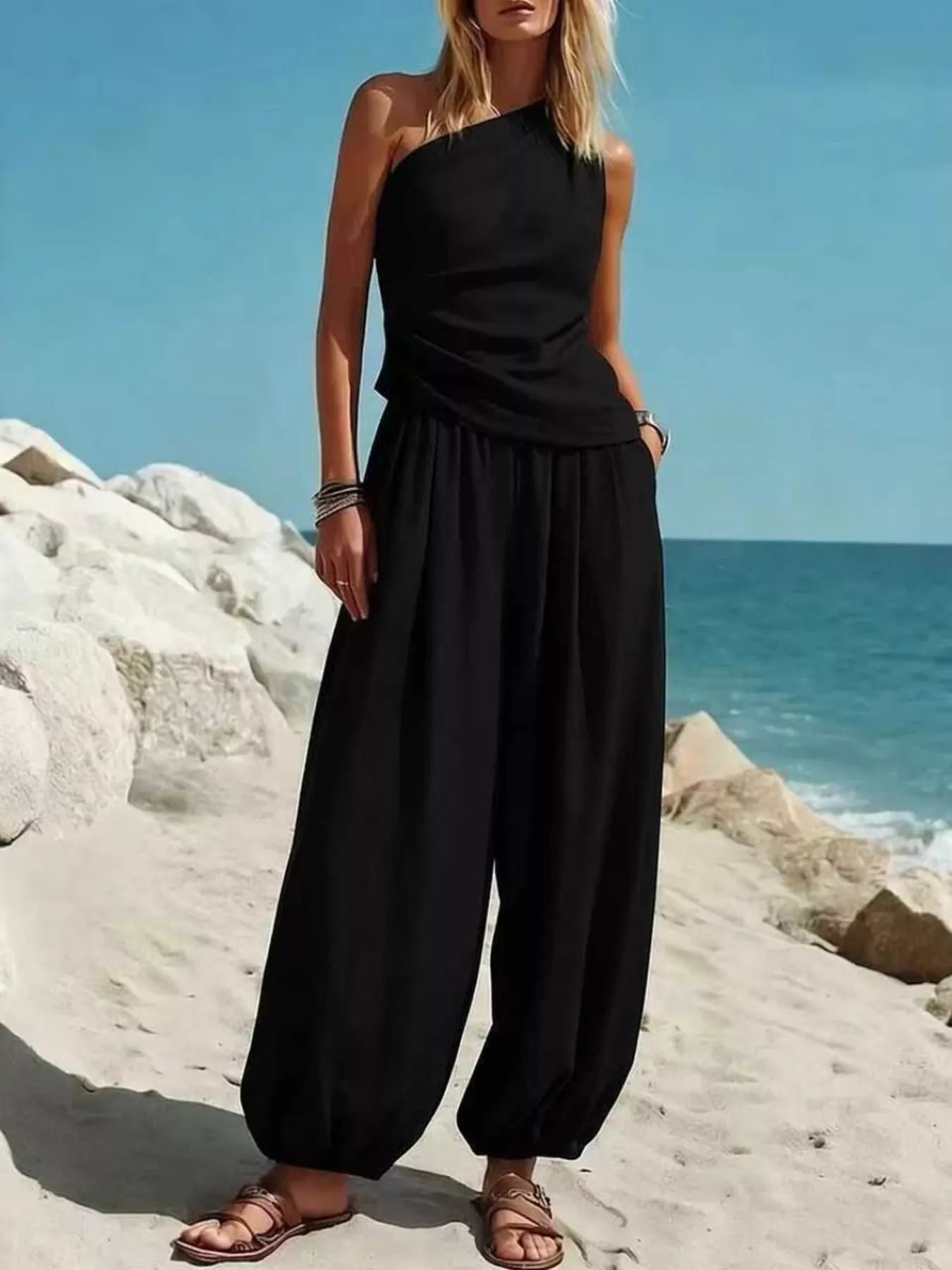 Full Size One-Shoulder Top and Wide-Leg Pants Set Plus Size designed for comfort and style at Lookzlike