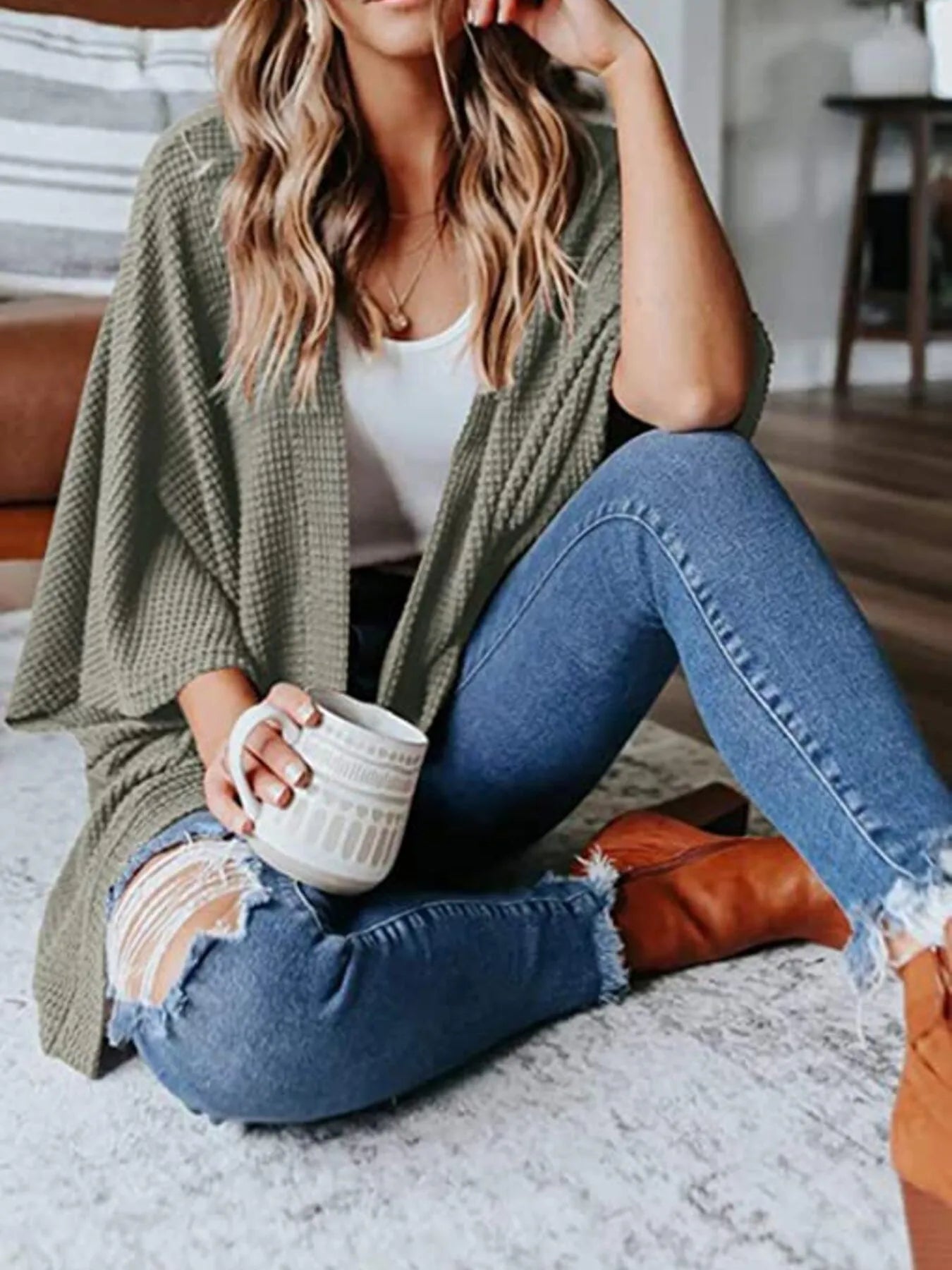 Full Size Open Front Waffle Knit Cardigan Plus Size - Lookzlike