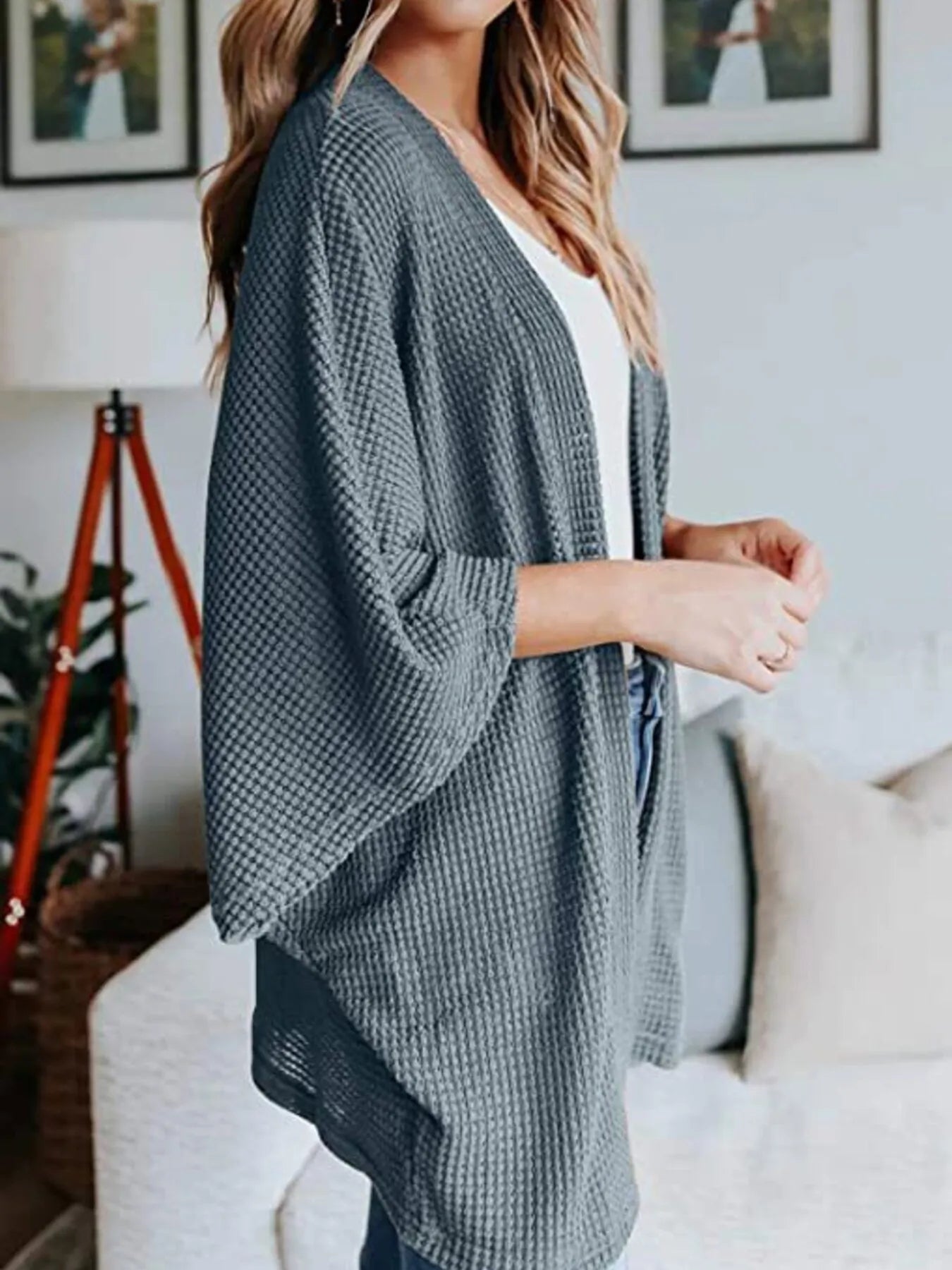 Full Size Open Front Waffle Knit Cardigan Plus Size - Lookzlike