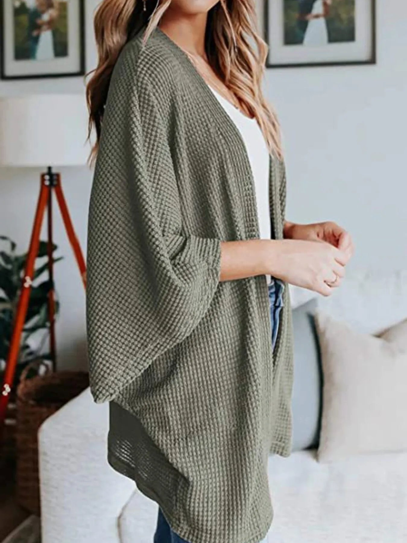 Full Size Open Front Waffle Knit Cardigan Plus Size - Lookzlike
