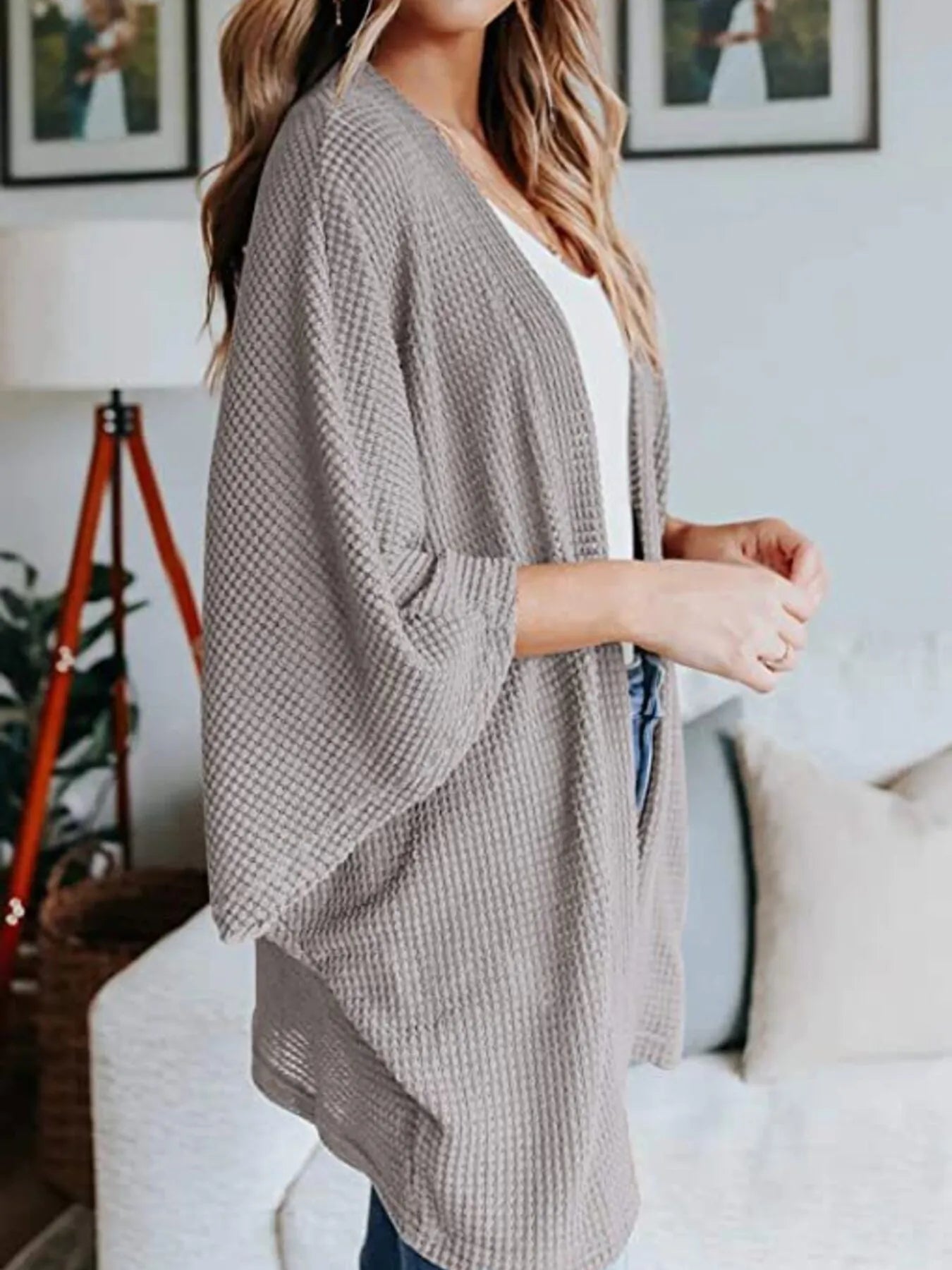 Full Size Open Front Waffle Knit Cardigan Plus Size - Lookzlike