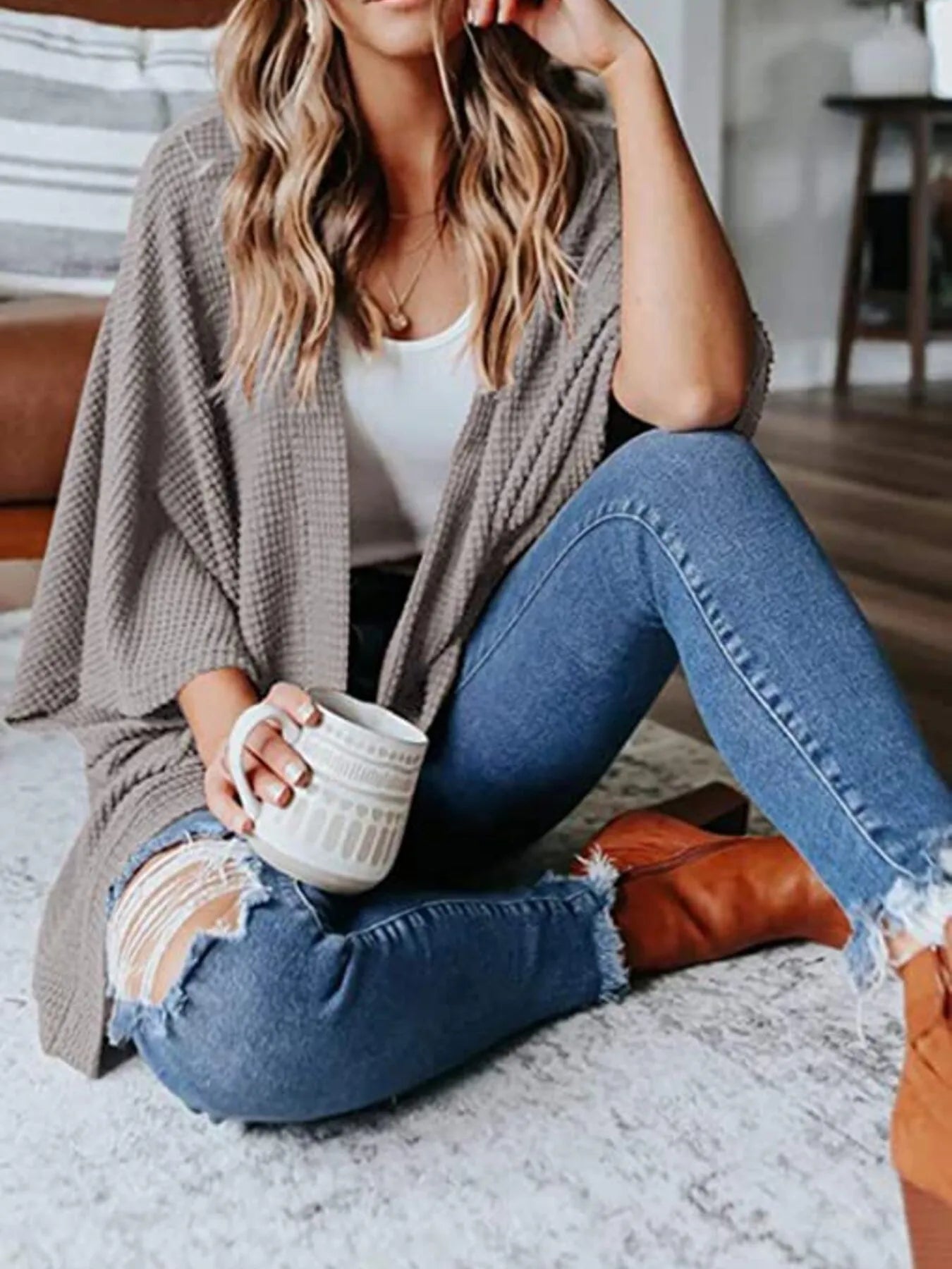 Full Size Open Front Waffle Knit Cardigan Plus Size - Lookzlike