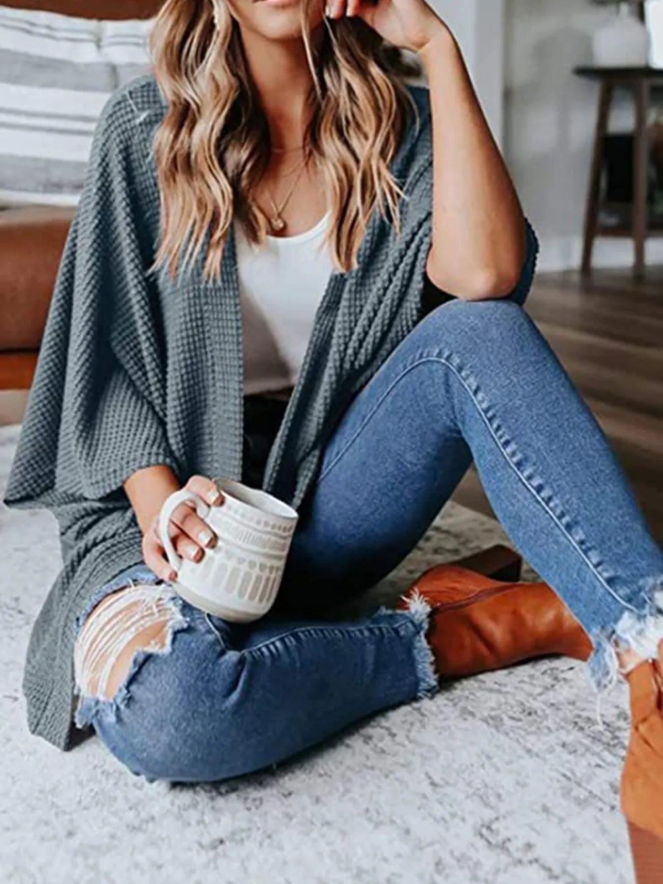 Full Size Open Front Waffle Knit Cardigan Plus Size - Lookzlike