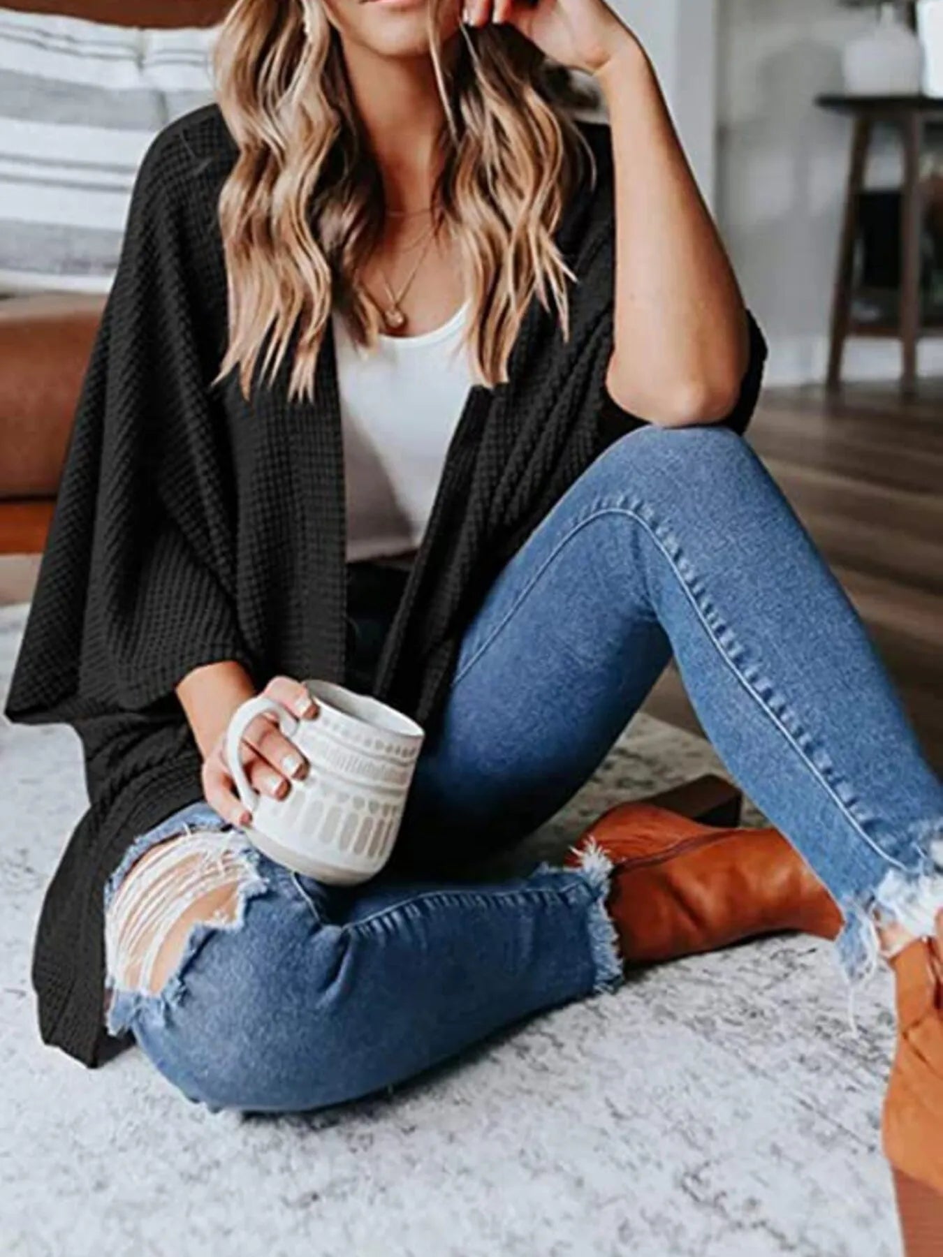 Full Size Open Front Waffle Knit Cardigan Plus Size - Lookzlike