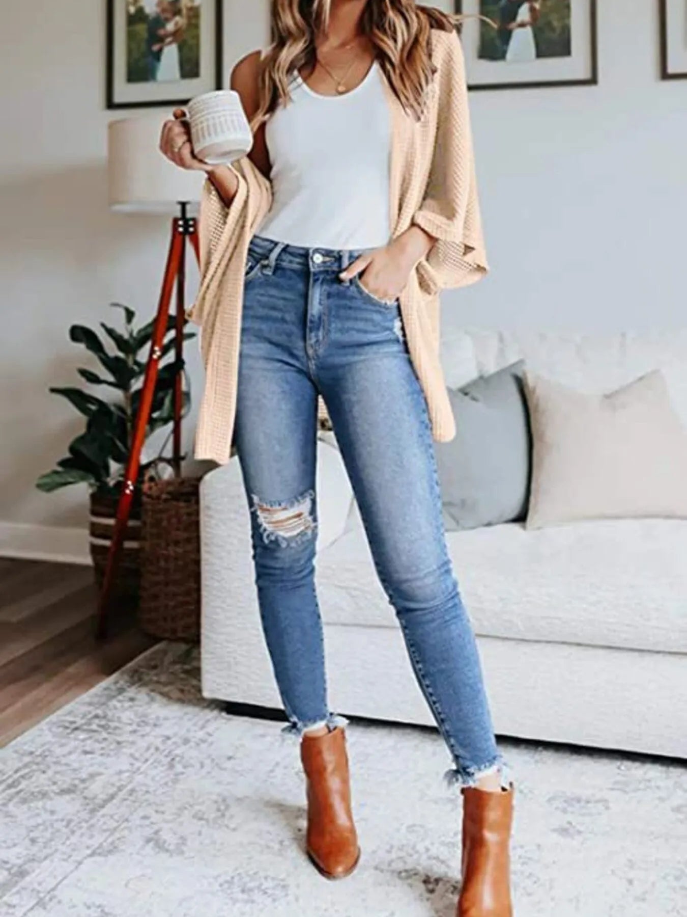 Full Size Open Front Waffle Knit Cardigan Plus Size - Lookzlike