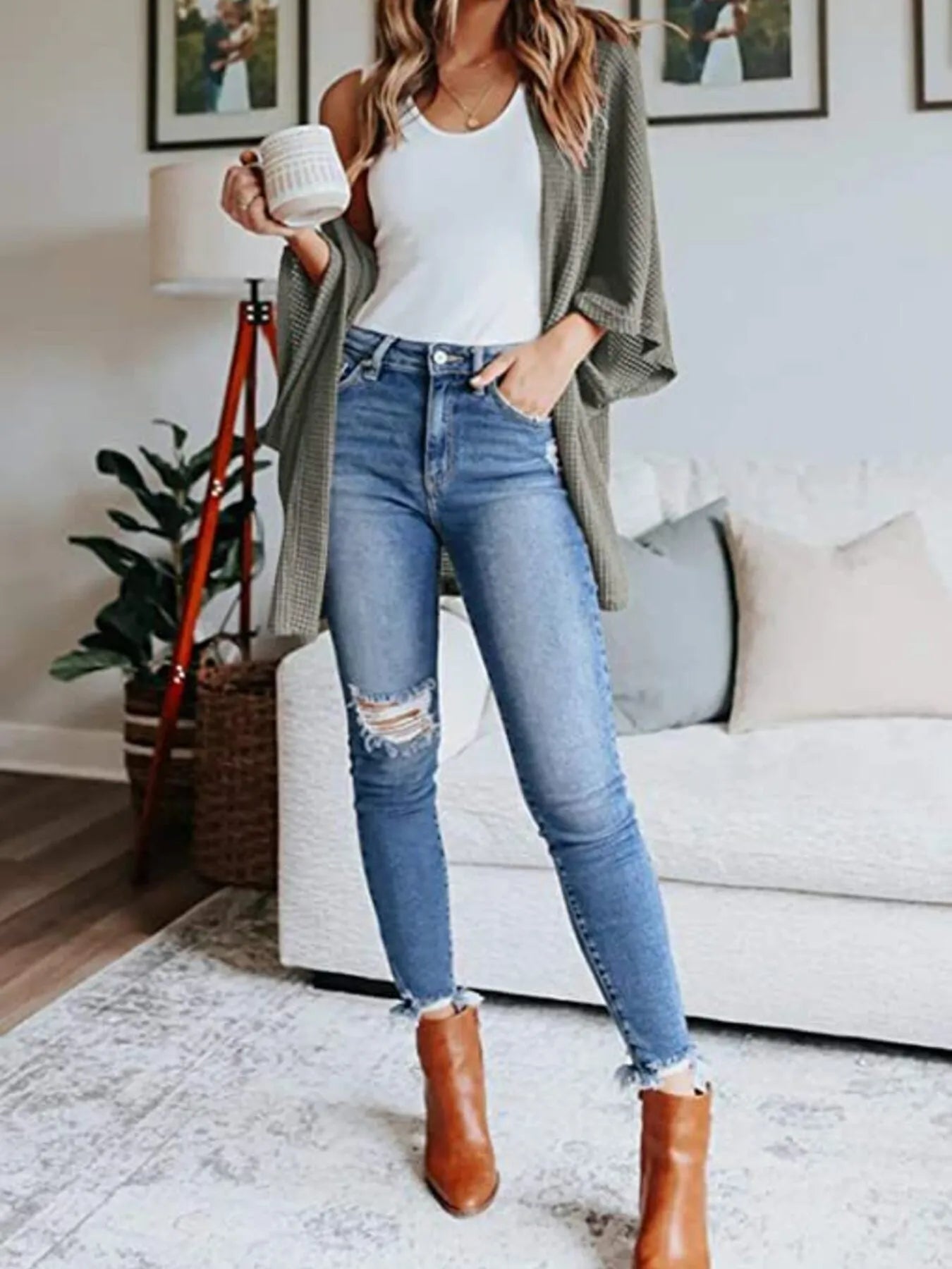 Full Size Open Front Waffle Knit Cardigan Plus Size - Lookzlike
