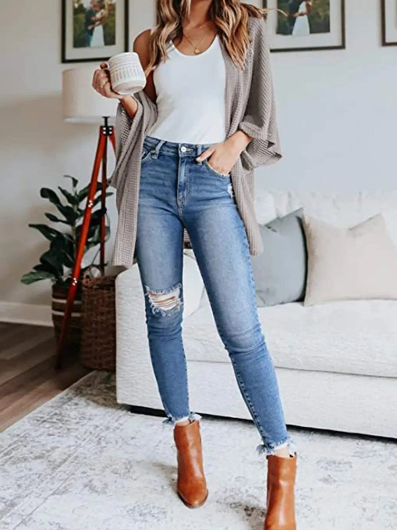 Full Size Open Front Waffle Knit Cardigan Plus Size - Lookzlike