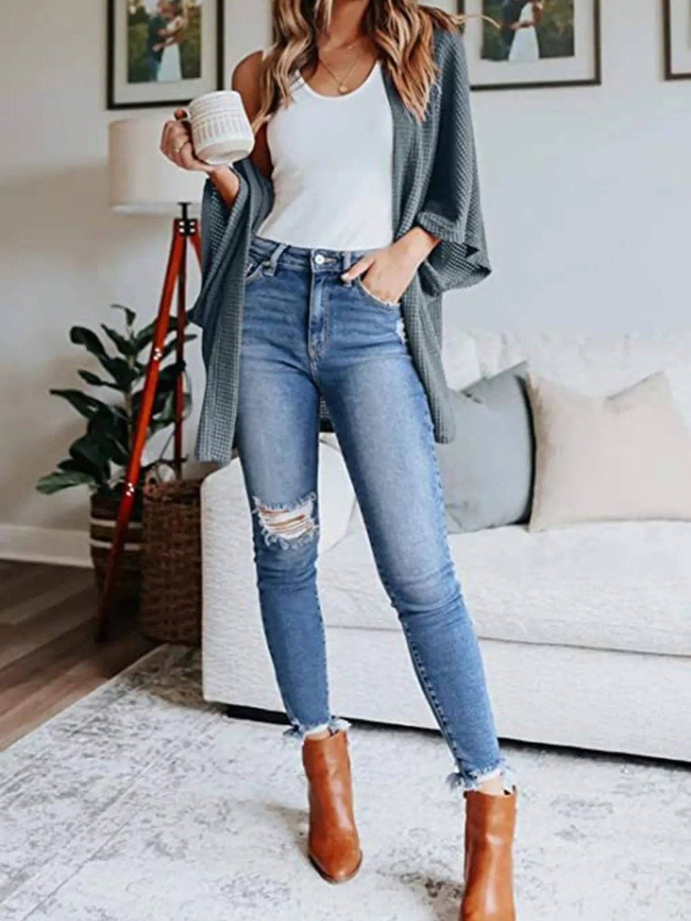 Full Size Open Front Waffle Knit Cardigan Plus Size - Lookzlike