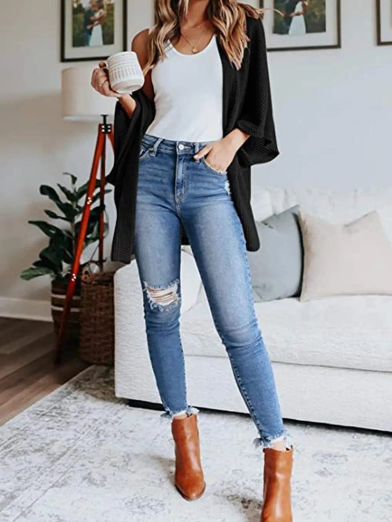 Full Size Open Front Waffle Knit Cardigan Plus Size - Lookzlike
