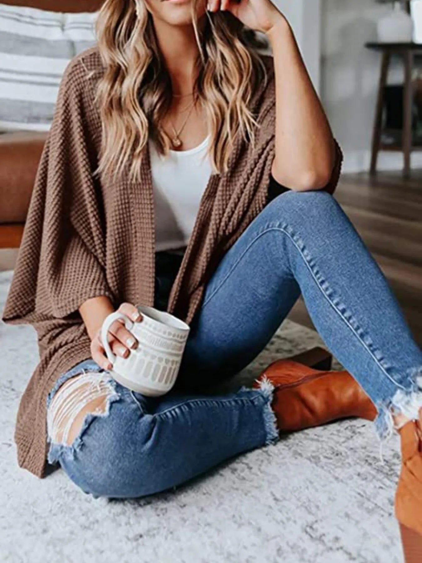 Full Size Open Front Waffle Knit Cardigan Plus Size - Lookzlike