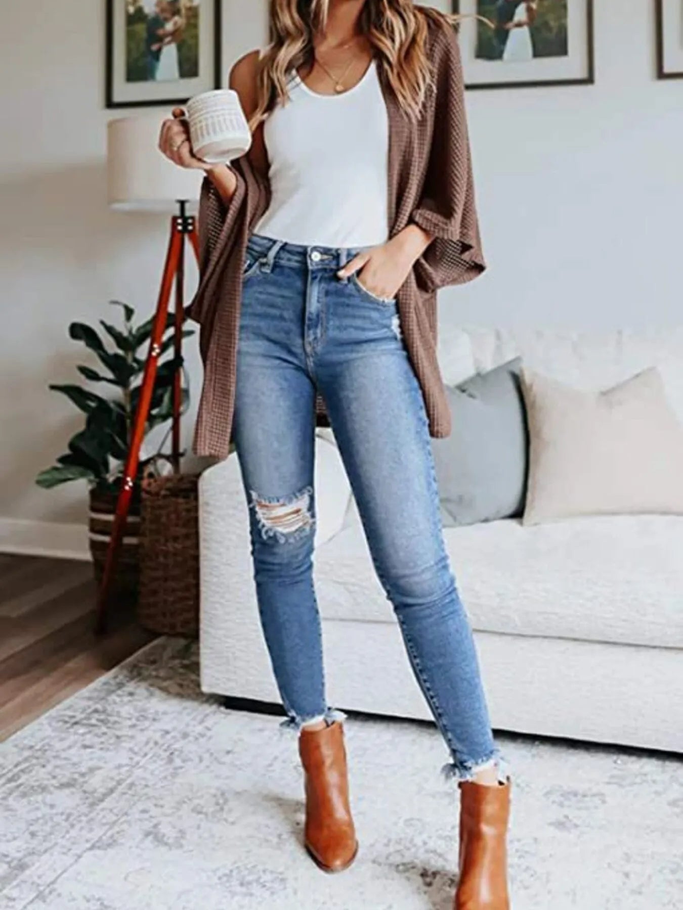 Full Size Open Front Waffle Knit Cardigan Plus Size - Lookzlike