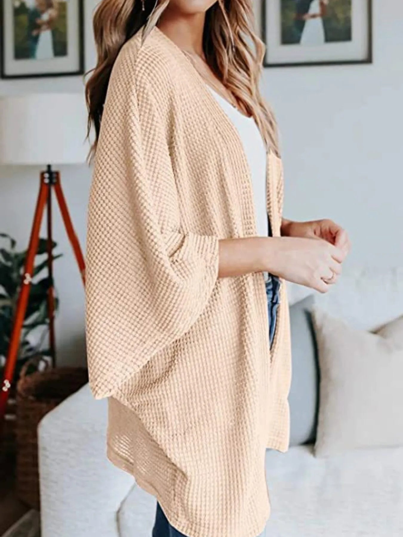 Full Size Open Front Waffle Knit Cardigan Plus Size - Lookzlike