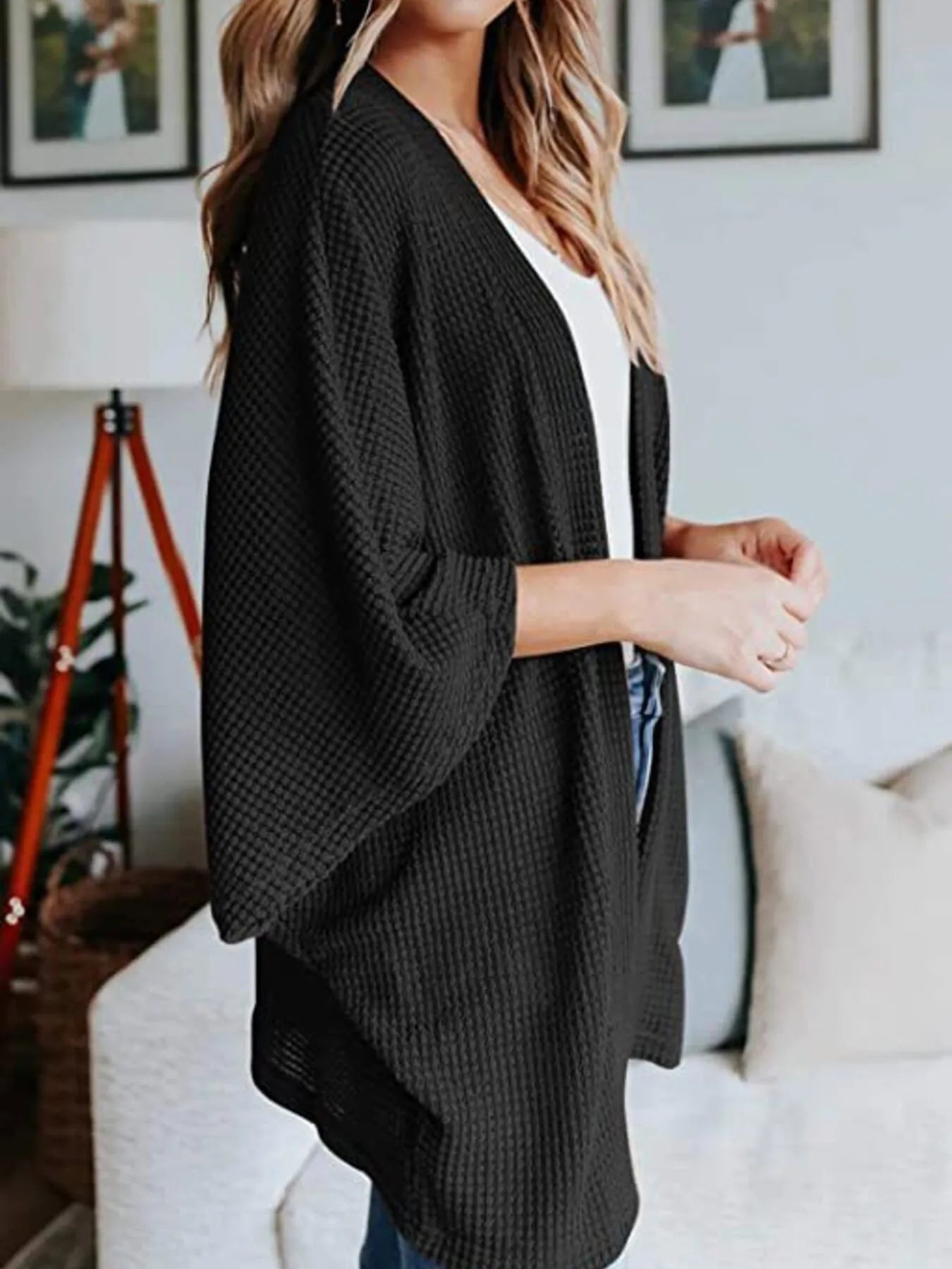 Full Size Open Front Waffle Knit Cardigan Plus Size - Lookzlike