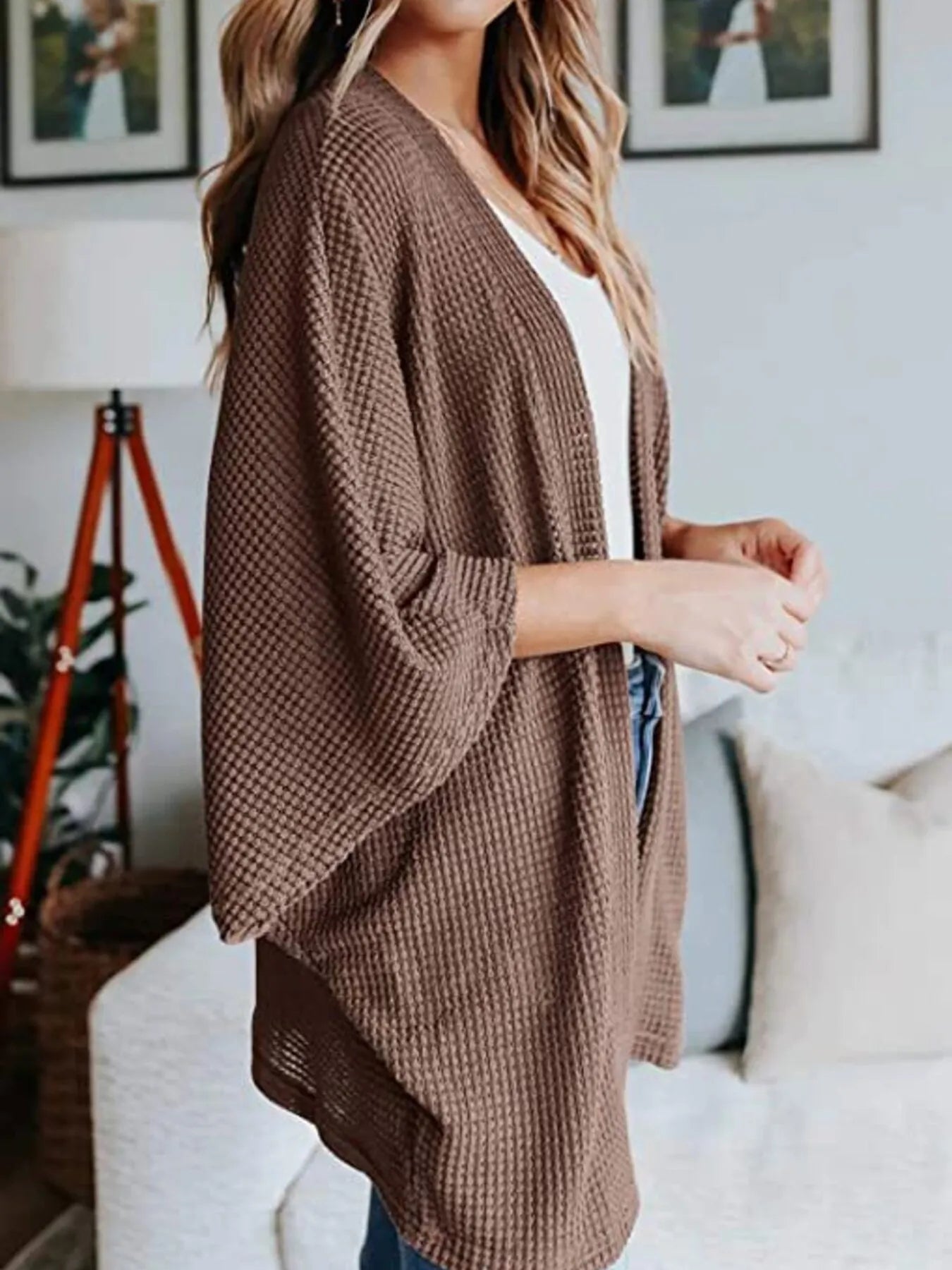 Full Size Open Front Waffle Knit Cardigan Plus Size - Lookzlike