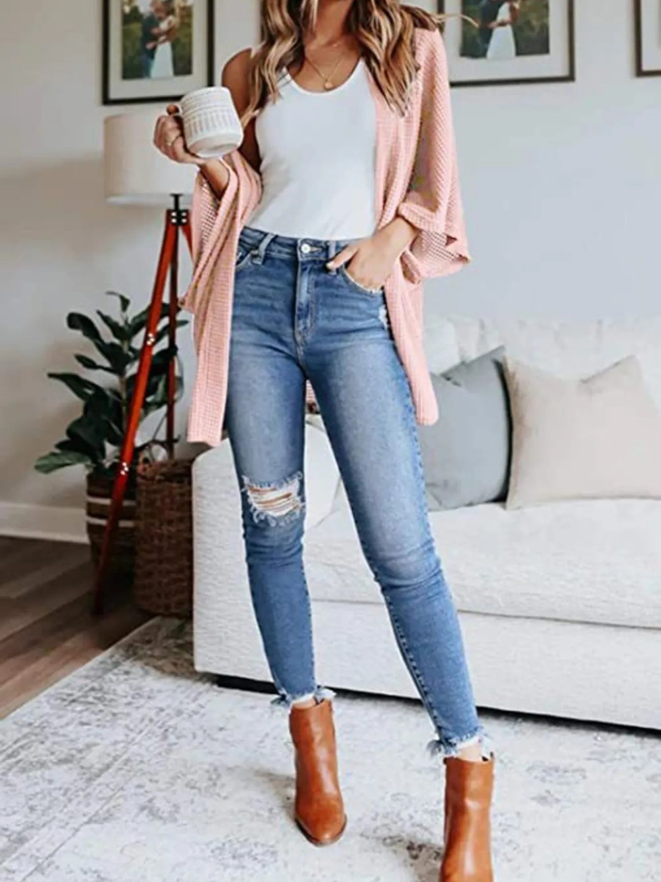 Full Size Open Front Waffle Knit Cardigan Plus Size - Lookzlike