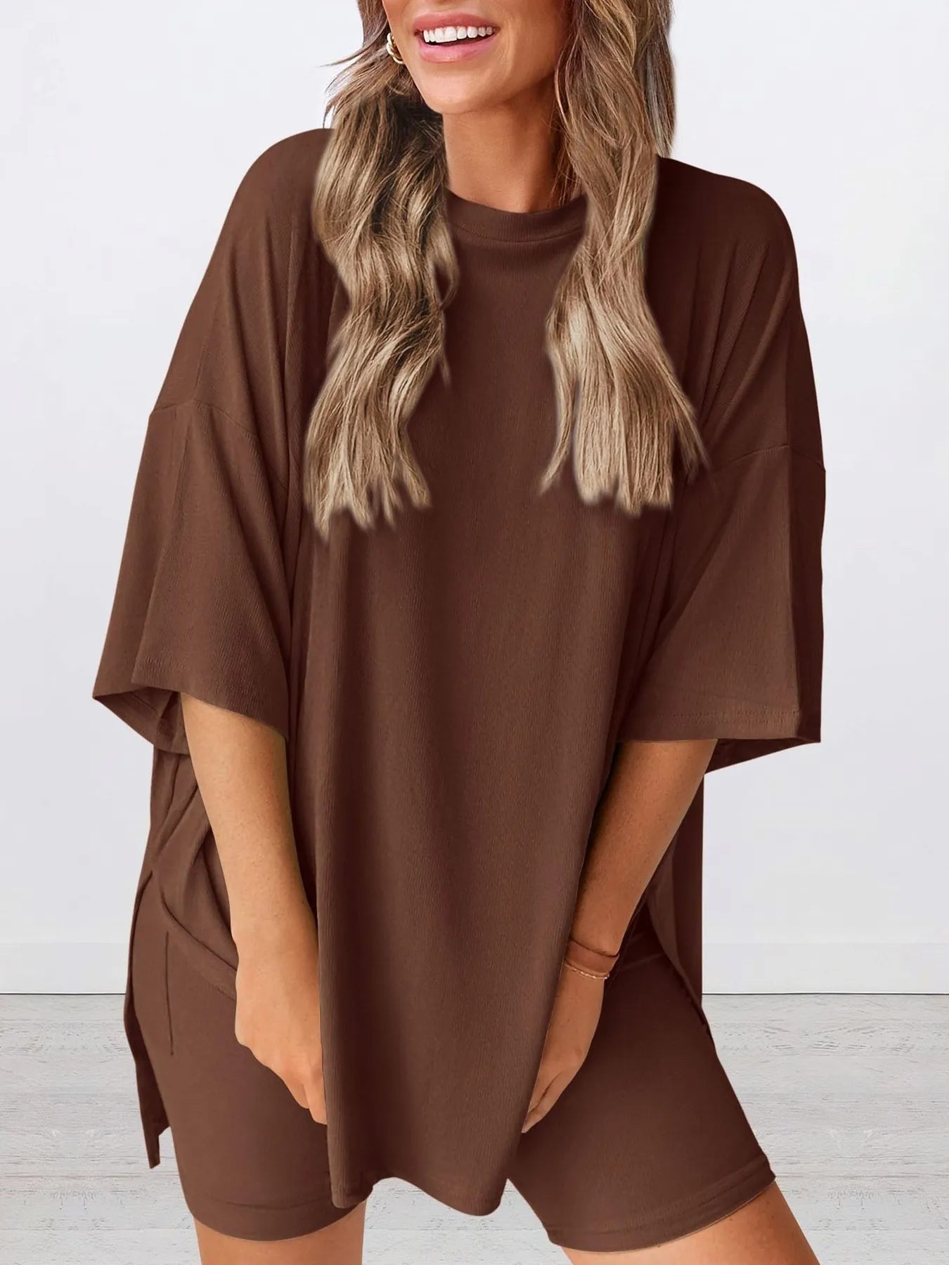 Full Size Oversized Round Neck Top and Shorts Set Plus Size - Lookzlike