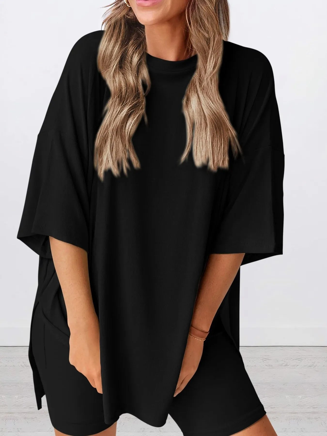 Full Size Oversized Round Neck Top and Shorts Set Plus Size - Lookzlike