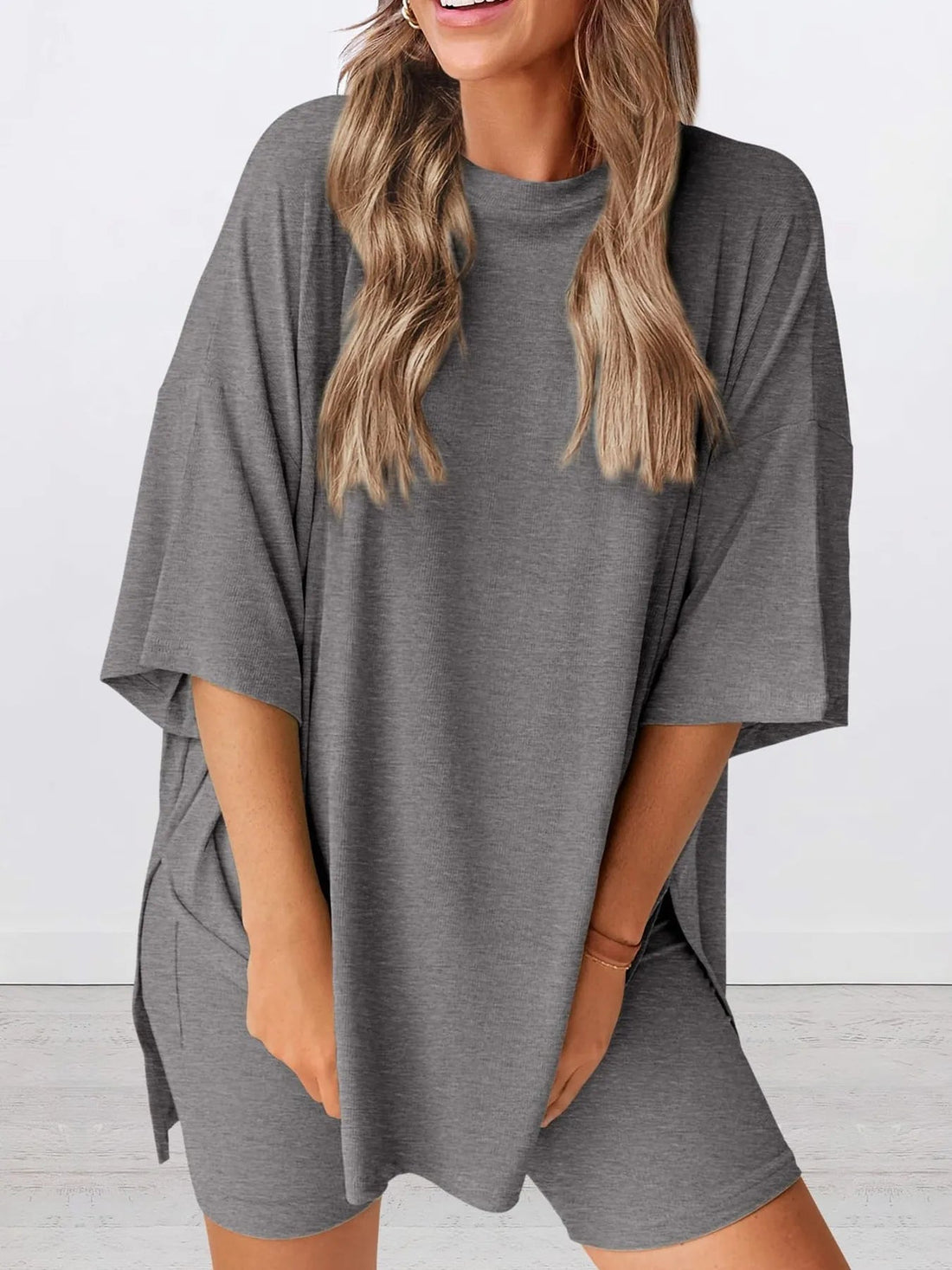 Full Size Oversized Round Neck Top and Shorts Set Plus Size - Lookzlike