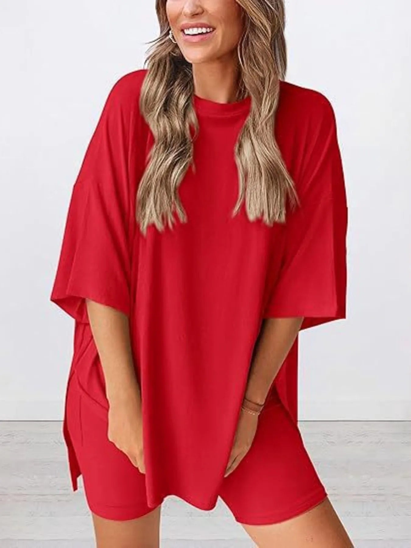 Full Size Oversized Round Neck Top and Shorts Set Plus Size - Lookzlike