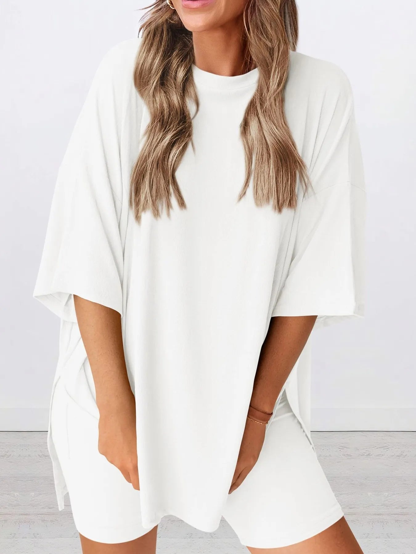 Full Size Oversized Round Neck Top and Shorts Set Plus Size - Lookzlike