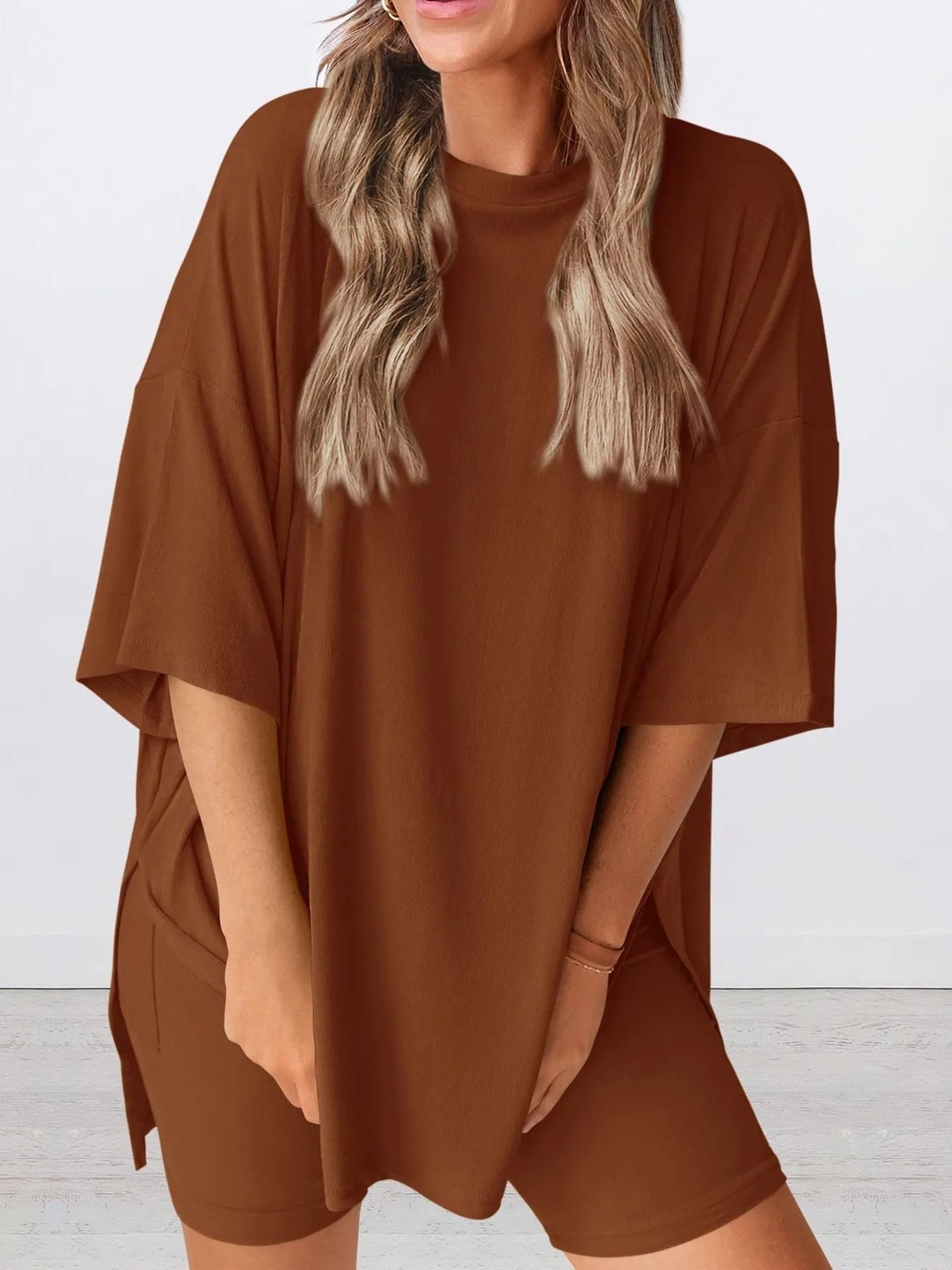 Full Size Oversized Round Neck Top and Shorts Set Plus Size - Lookzlike