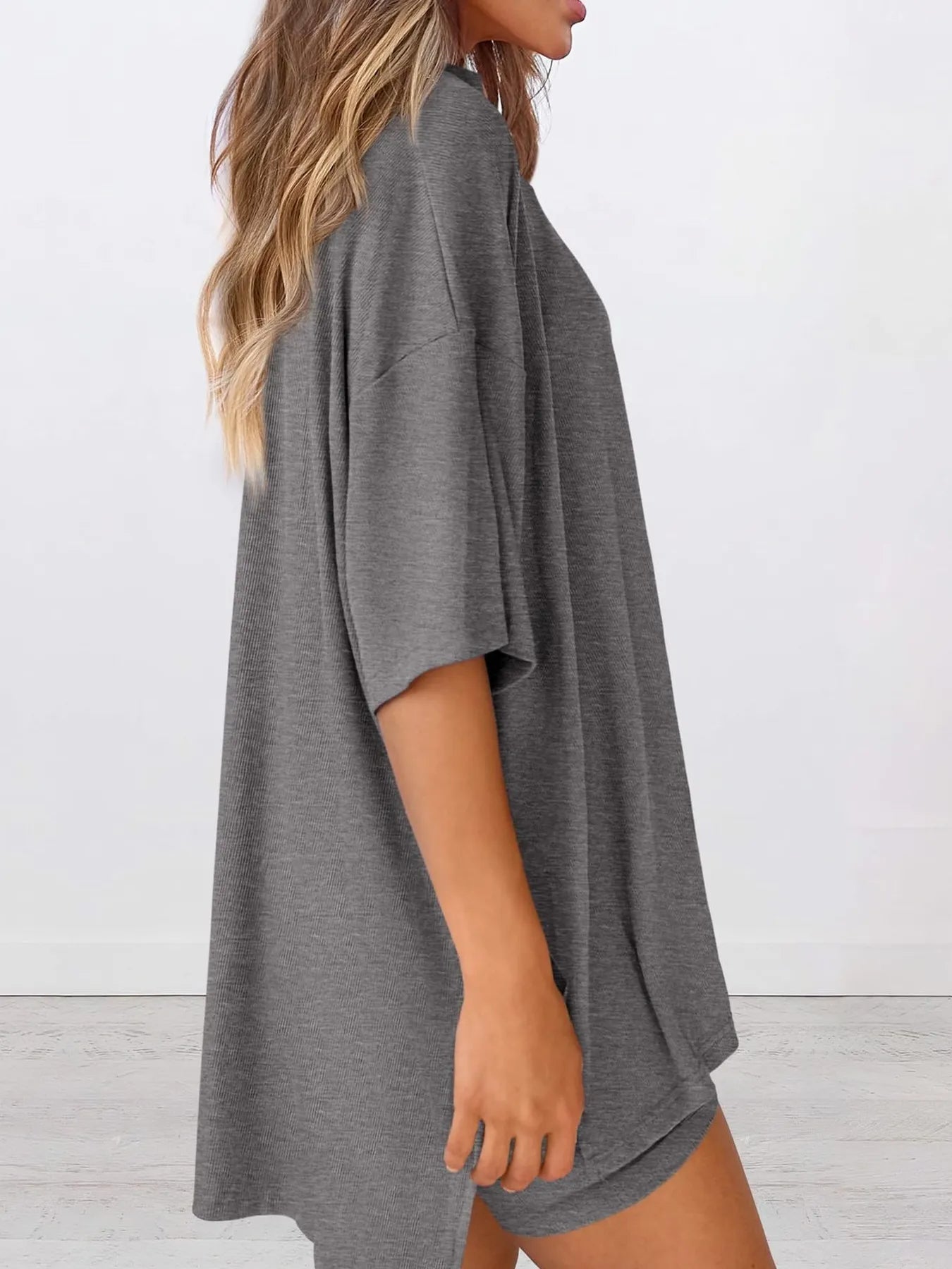 Full Size Oversized Round Neck Top and Shorts Set Plus Size - Lookzlike