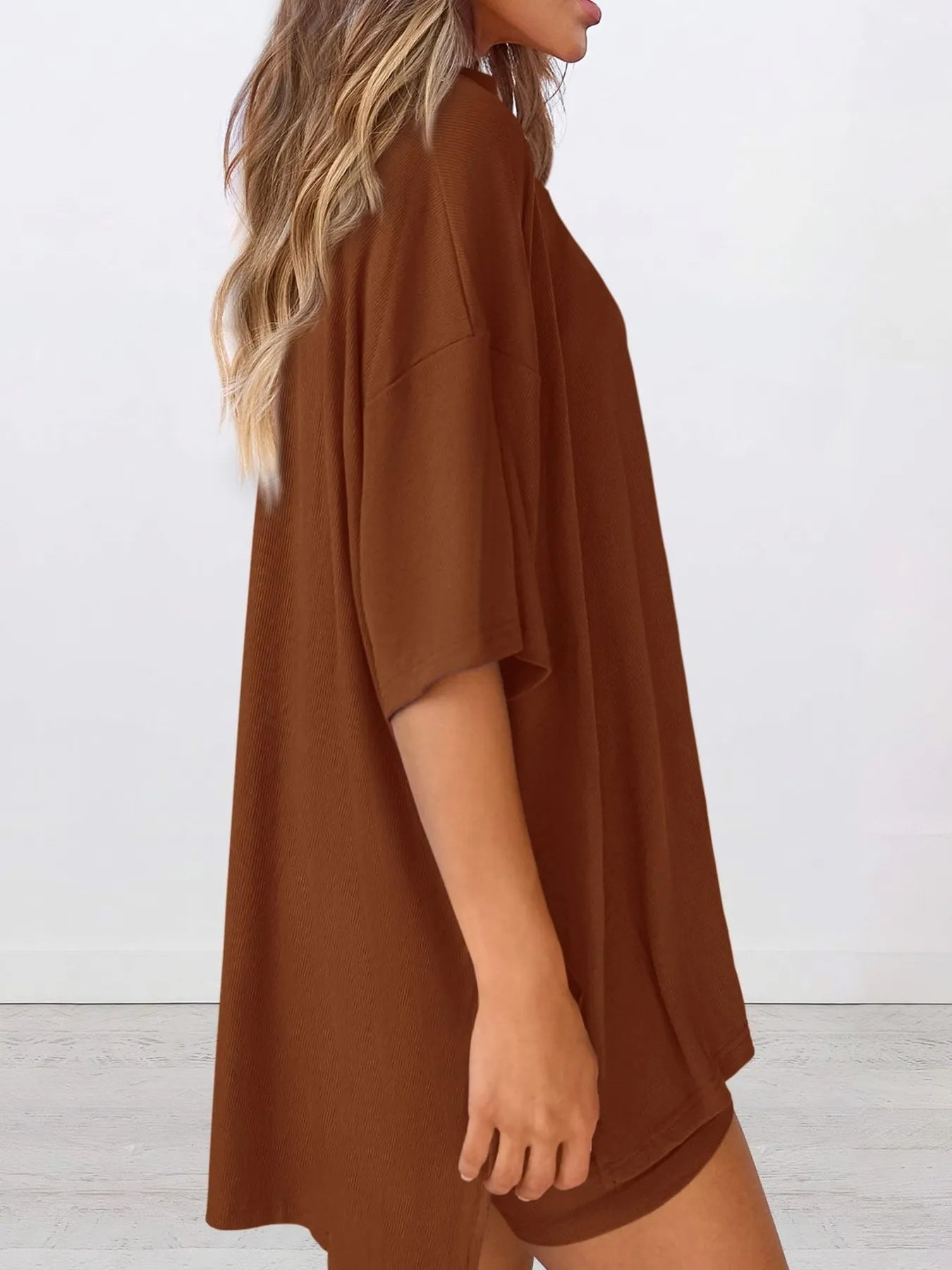 Full Size Oversized Round Neck Top and Shorts Set Plus Size - Lookzlike