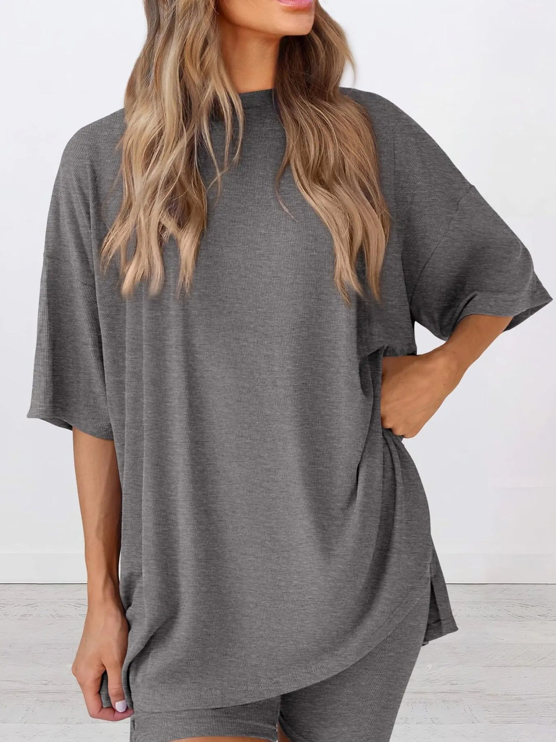Full Size Oversized Round Neck Top and Shorts Set Plus Size - Lookzlike