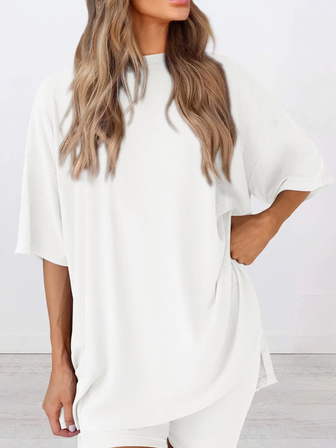 Full Size Oversized Round Neck Top and Shorts Set Plus Size - Lookzlike