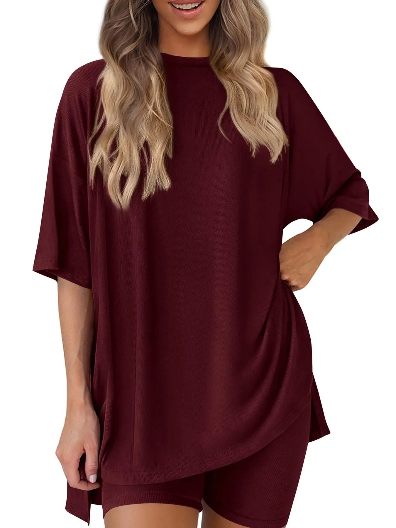 Full Size Oversized Round Neck Top and Shorts Set Plus Size - Lookzlike